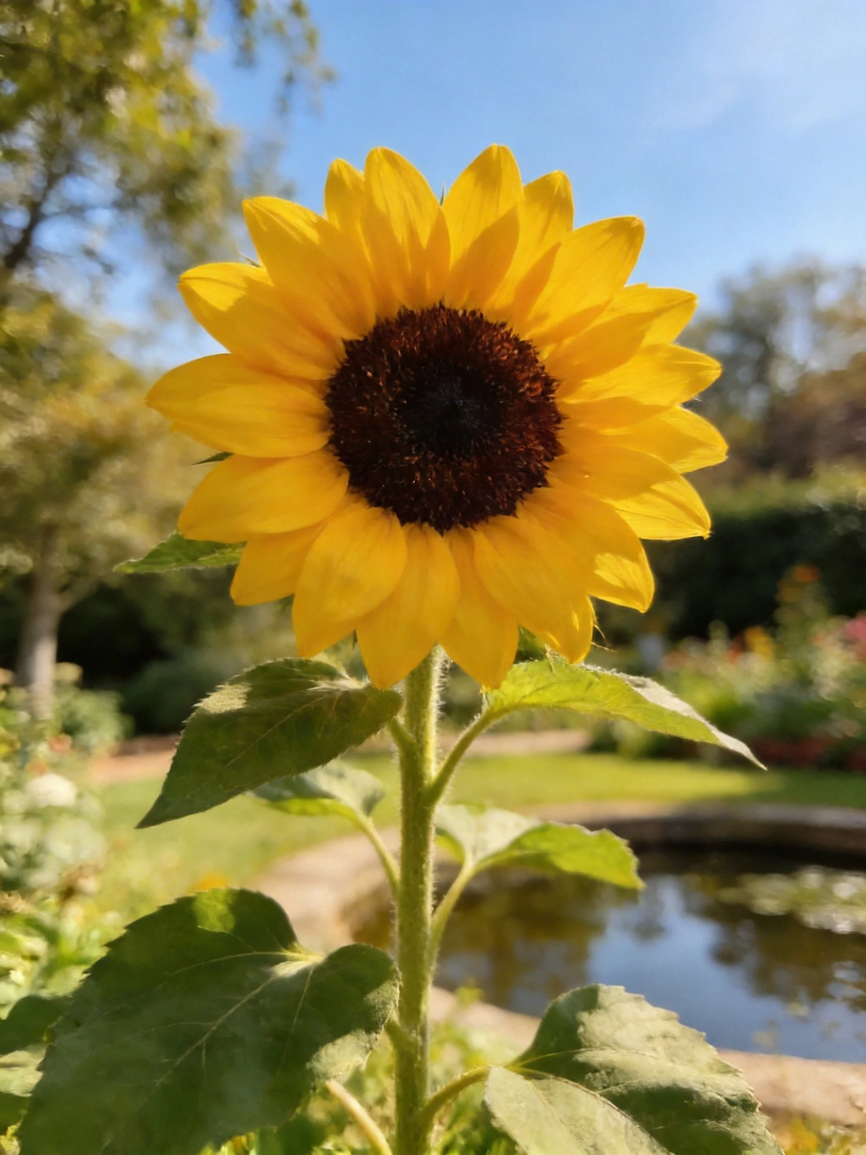 A bright yellow sunflower with dark brown center in a sunny garden