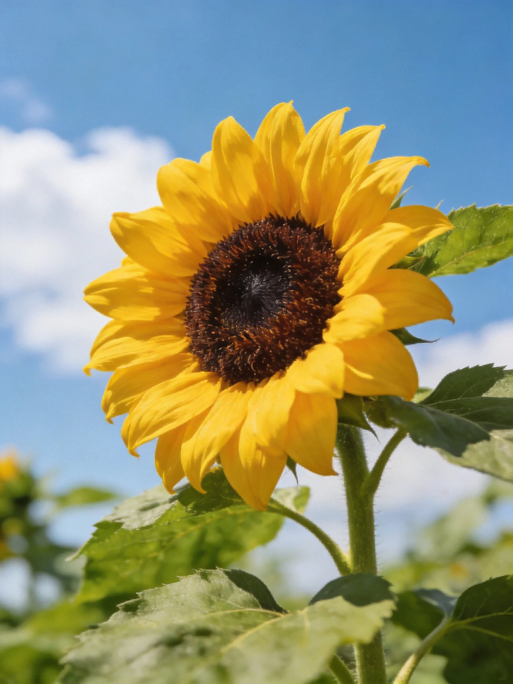 A bright yellow sunflower with dark center against blue sky