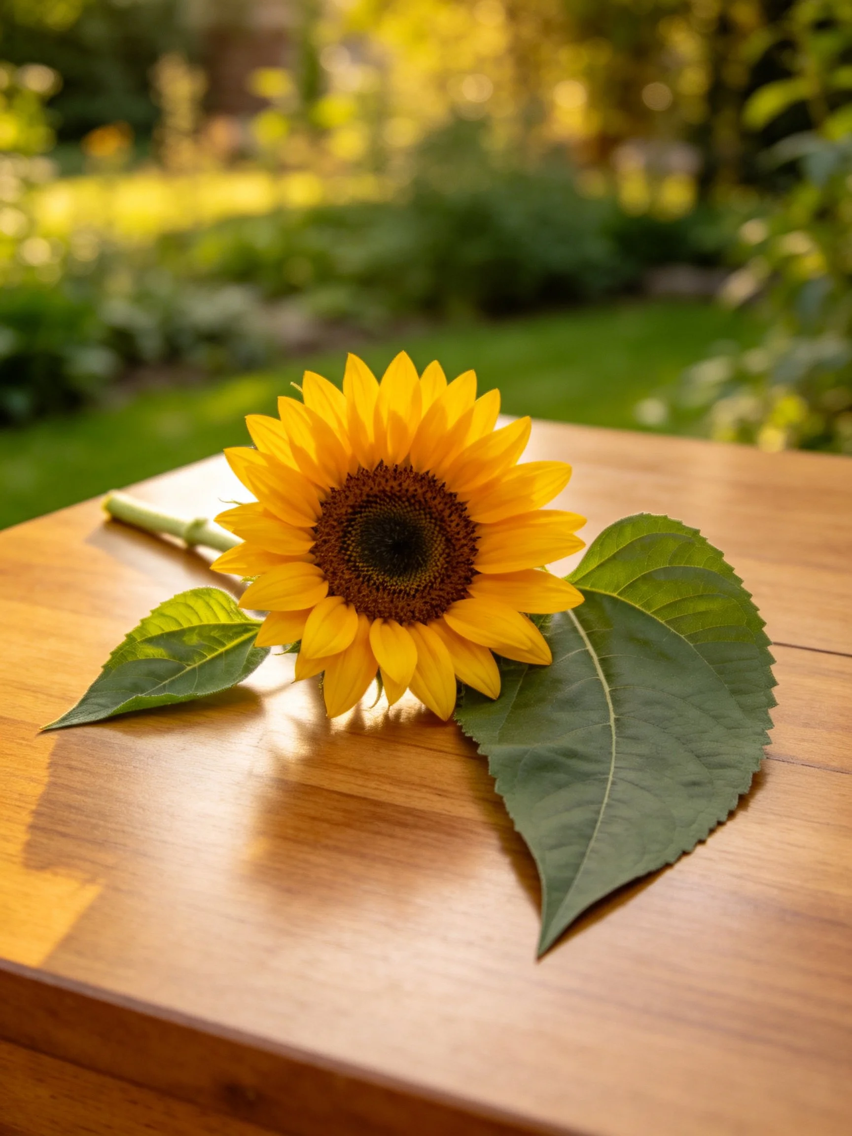 A bright yellow sunflower with large green leaves on a wooden table