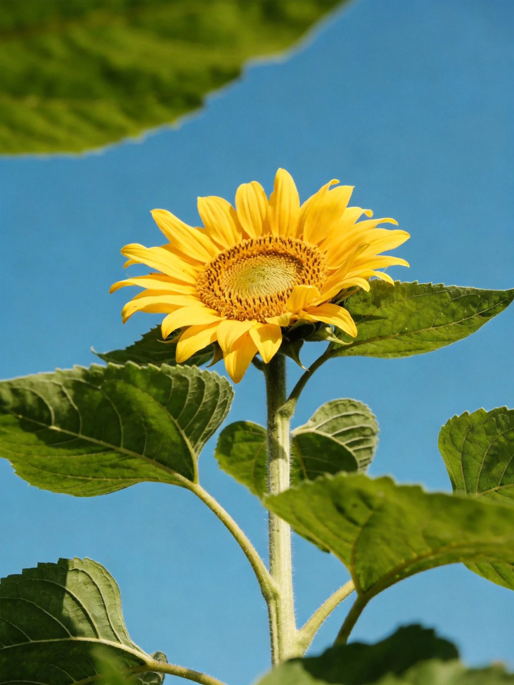 A bright yellow sunflower with large green leaves under clear blue sky