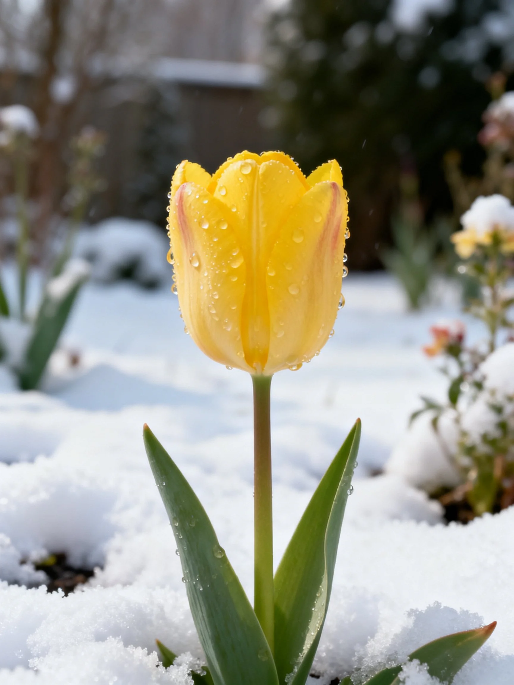 A bright yellow tulip with dew drops stands among snowy ground