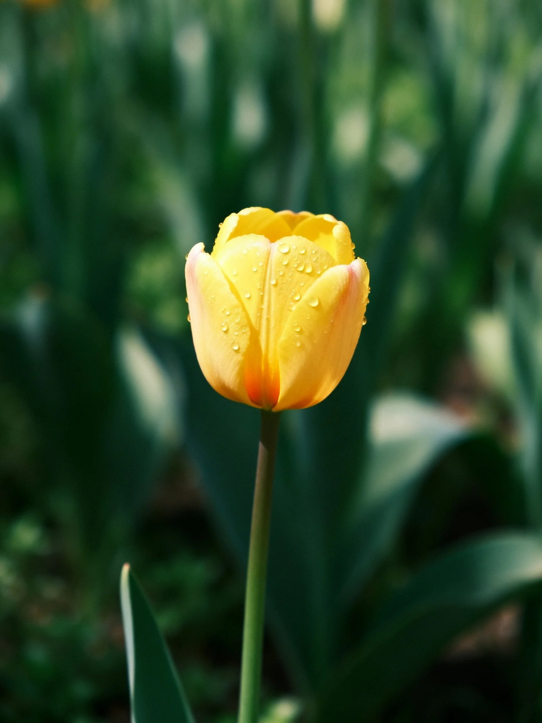 A bright yellow tulip with dewdrops set against blurred greenery