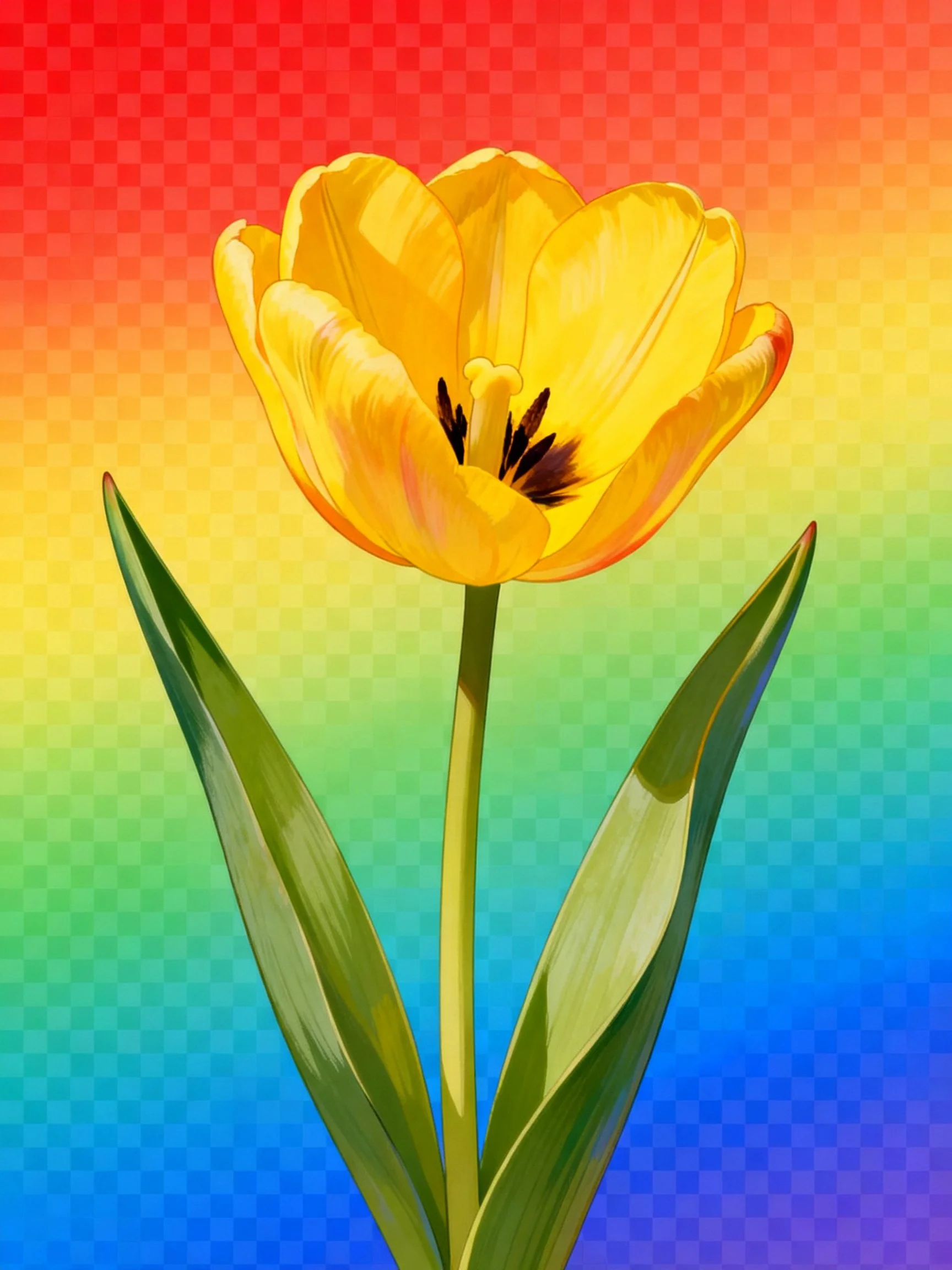 A bright yellow tulip with green leaves set a rainbow gradient backdrop