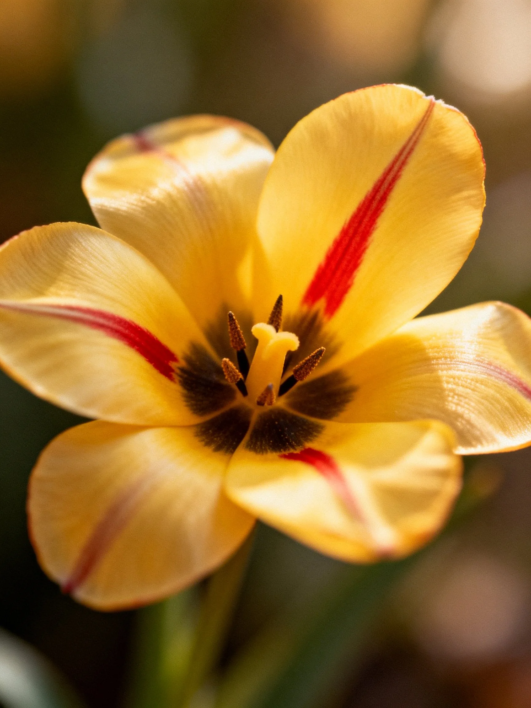 A bright yellow tulip with striking red stripes