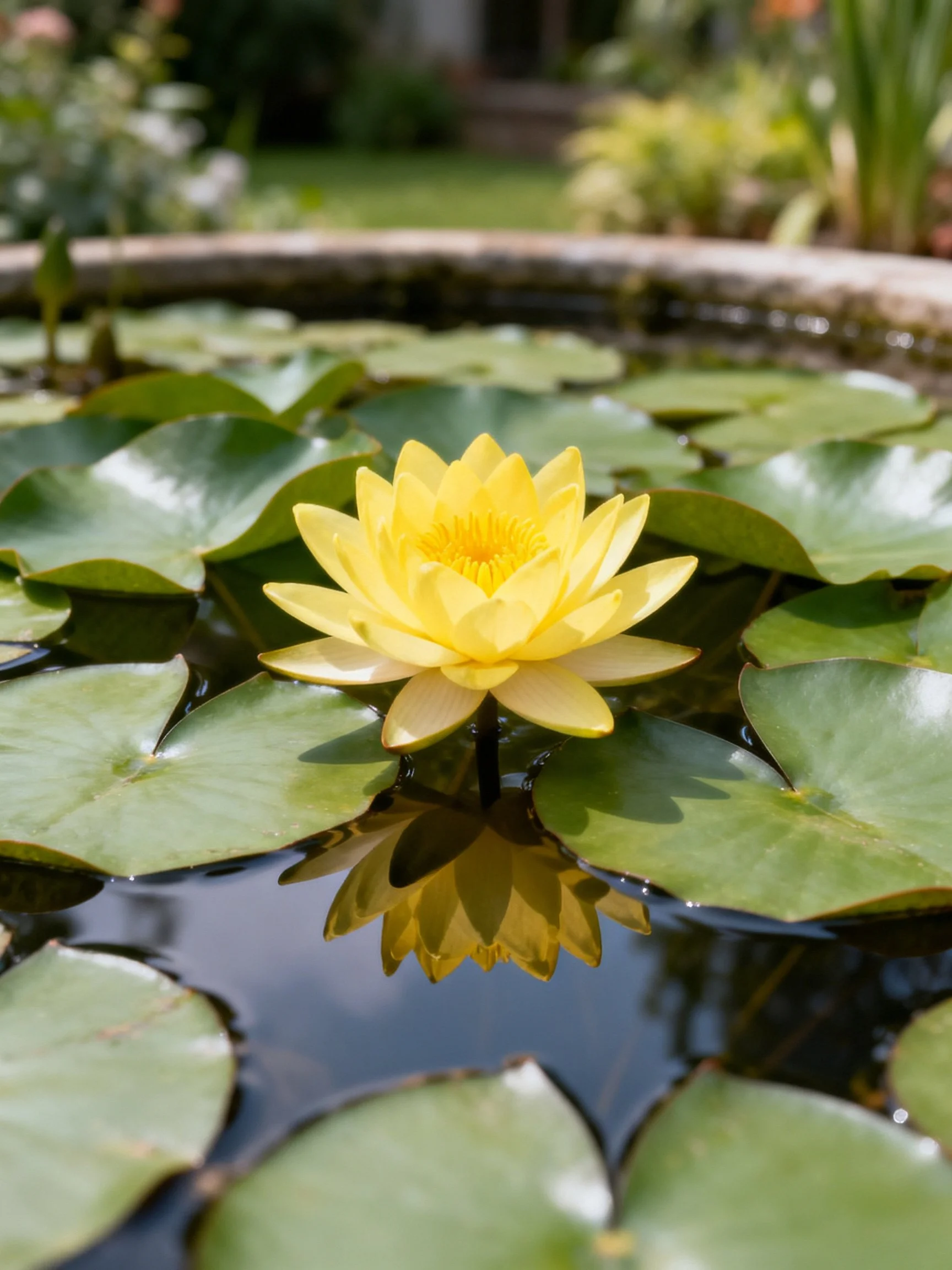A bright yellow water lily among green lily pads in apond