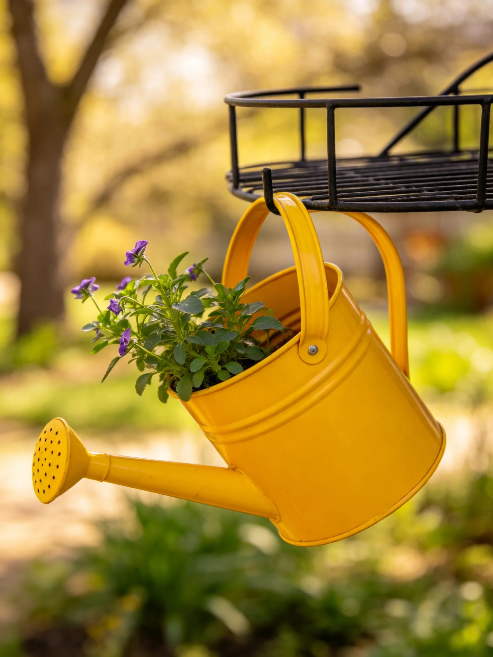 A bright yellow watering can planter holding vibrant purple flowers