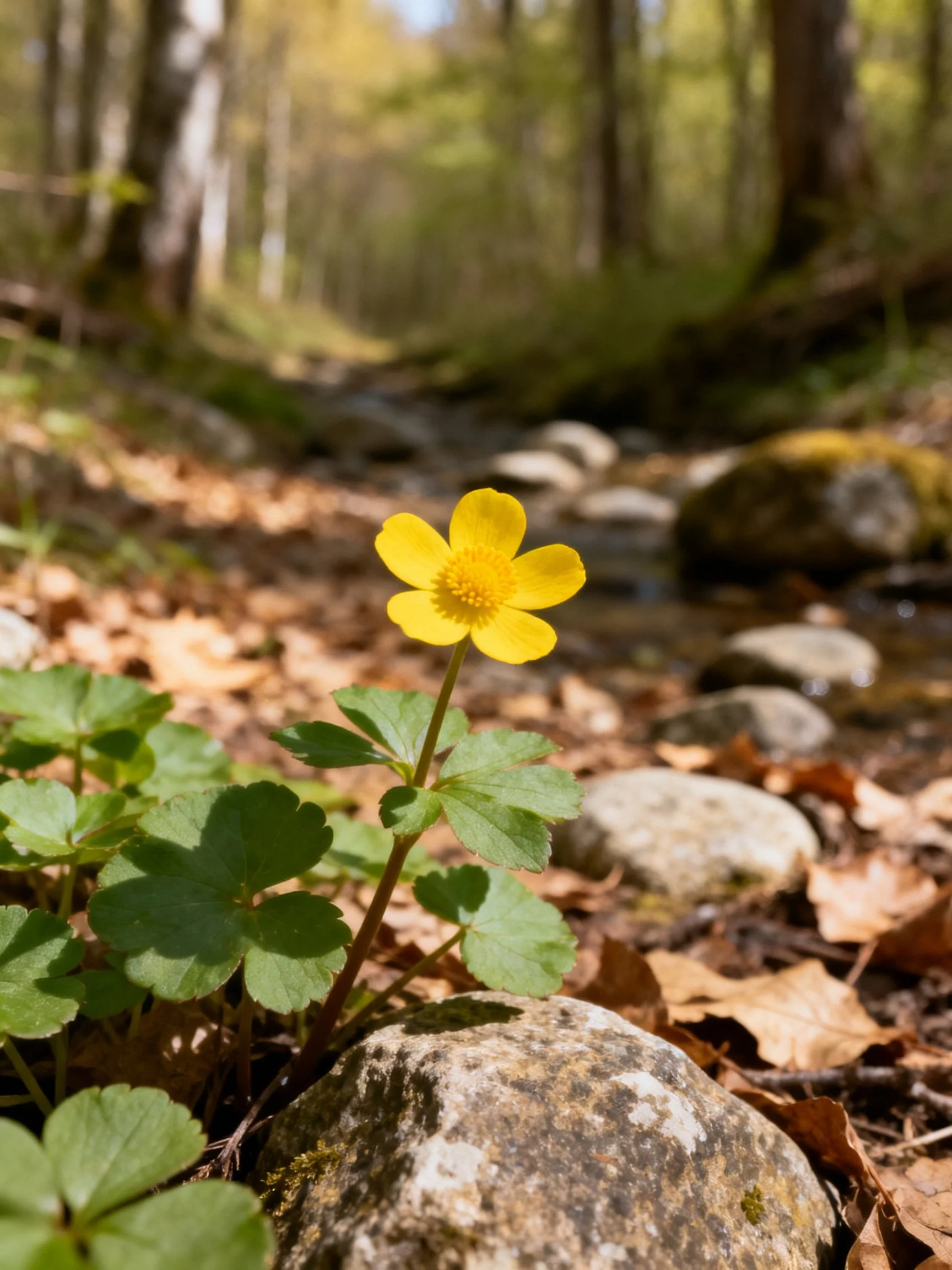 A bright yellow wildflower blooms near moss-covered rocks in a sunlit forest.