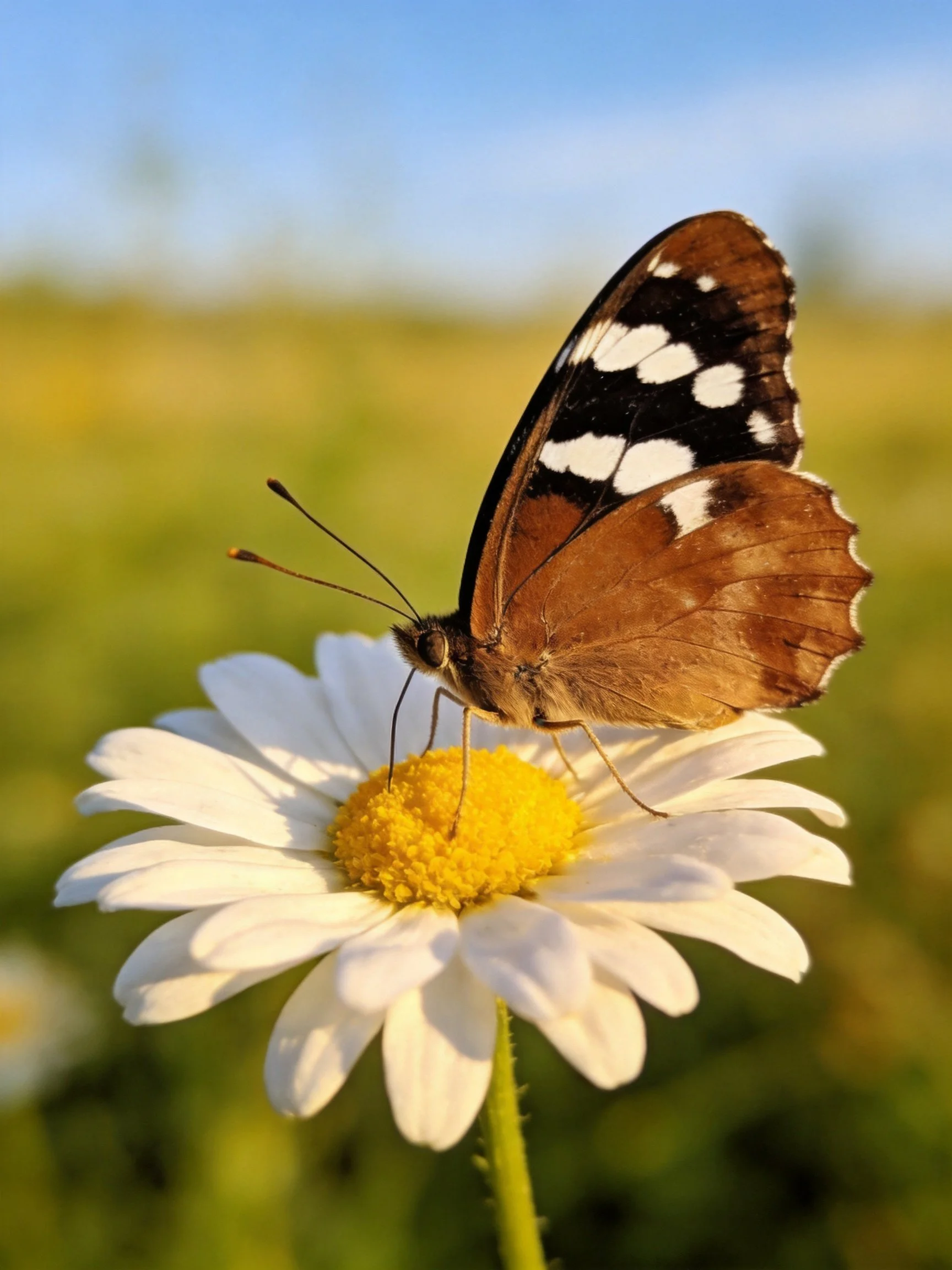 A brown and black butterfly perches on a white daisy with a yellow center