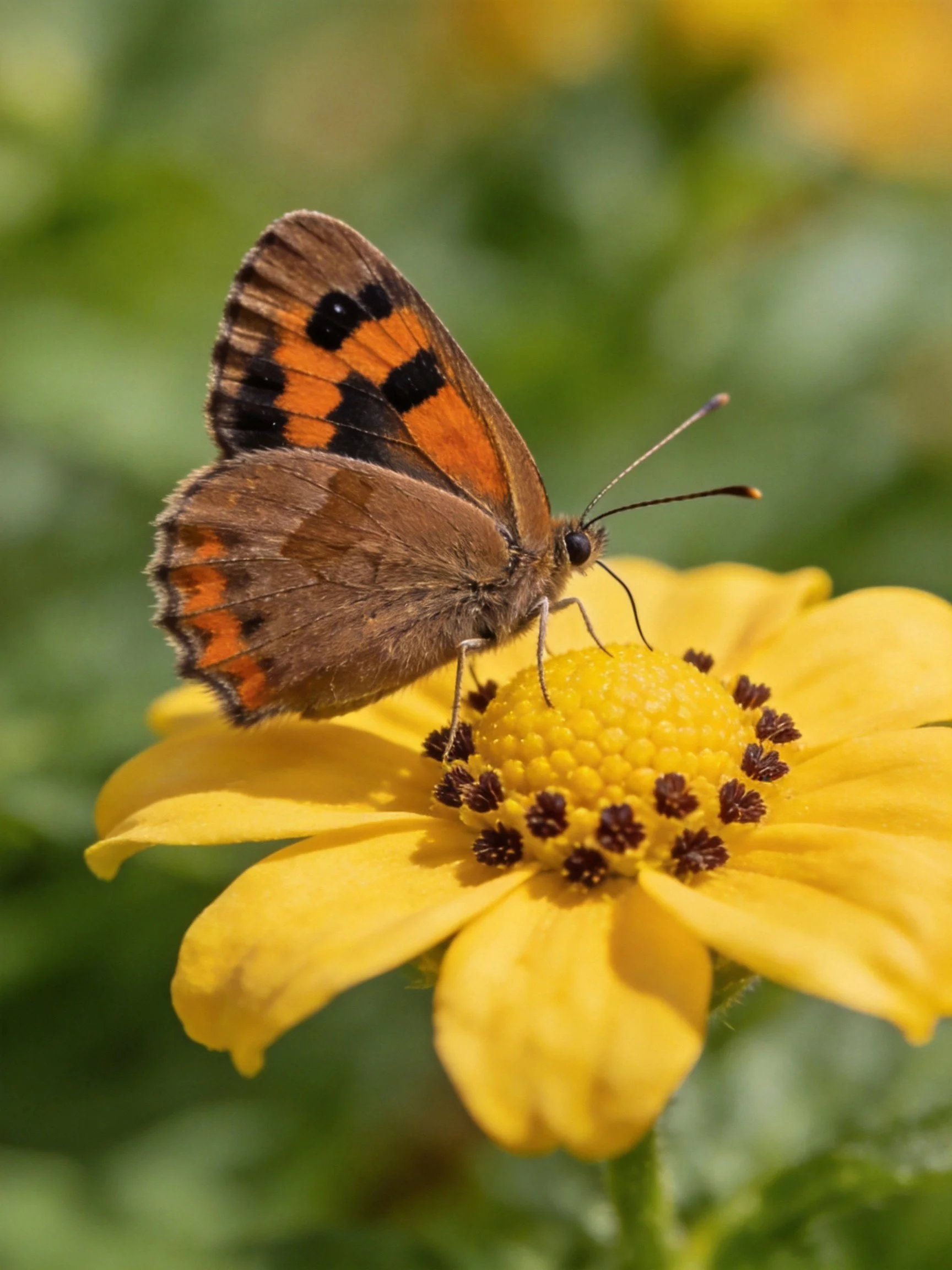 A brown and orange butterfly perches on a bright yellow flower