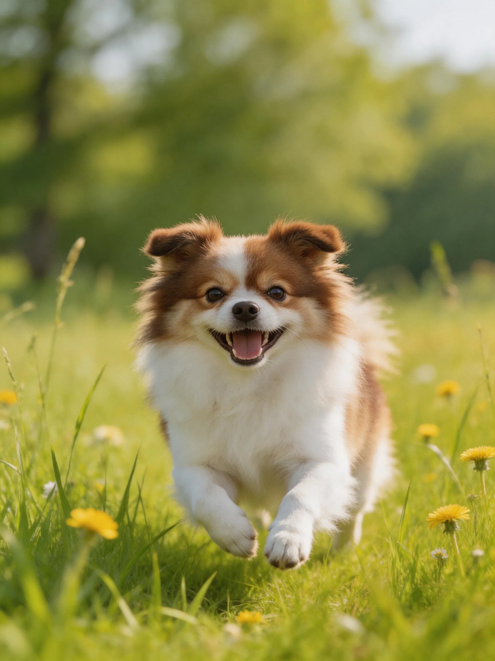 A brown and white dog runs joyfully through a sunlit meadow