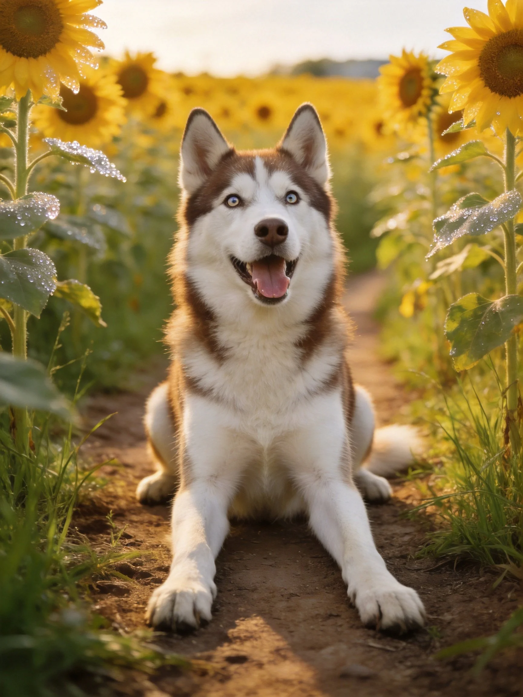 A brown-and-white husky sits in a sunflower field