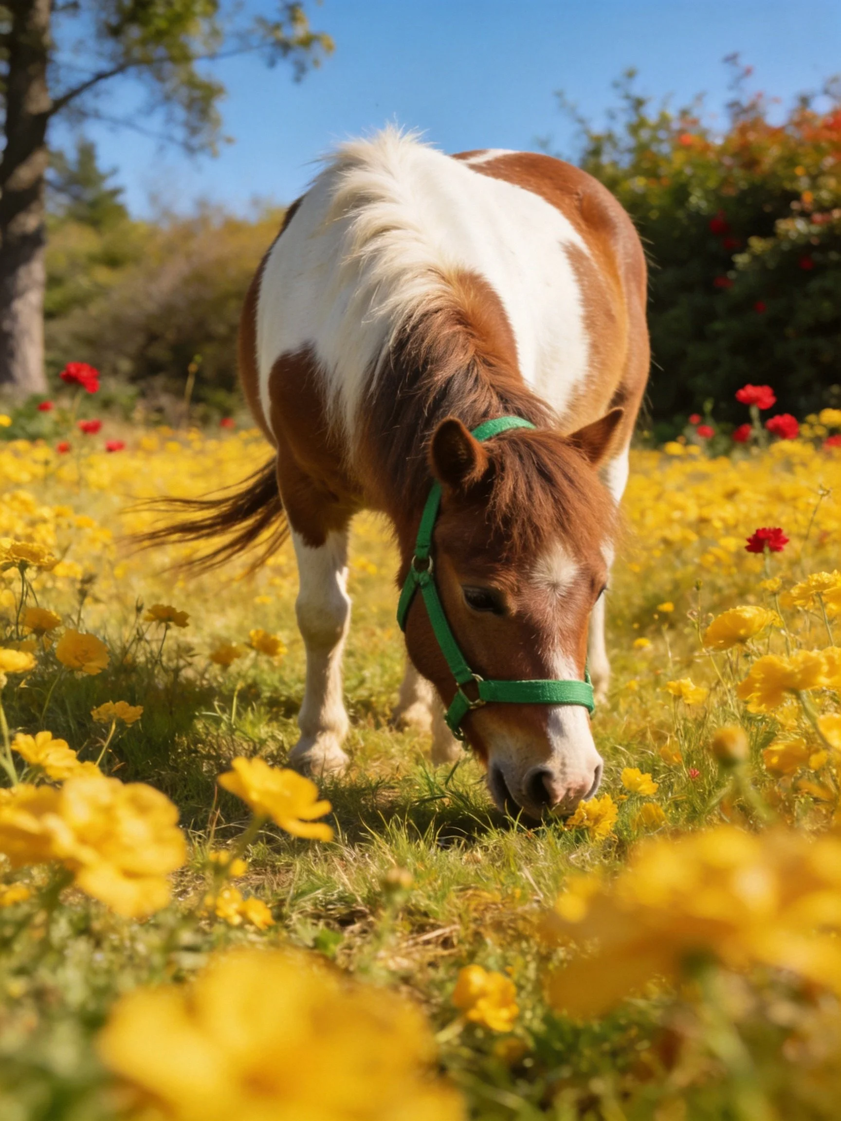 A brown and white pony with a green halter grazes in a field of yellow flowers