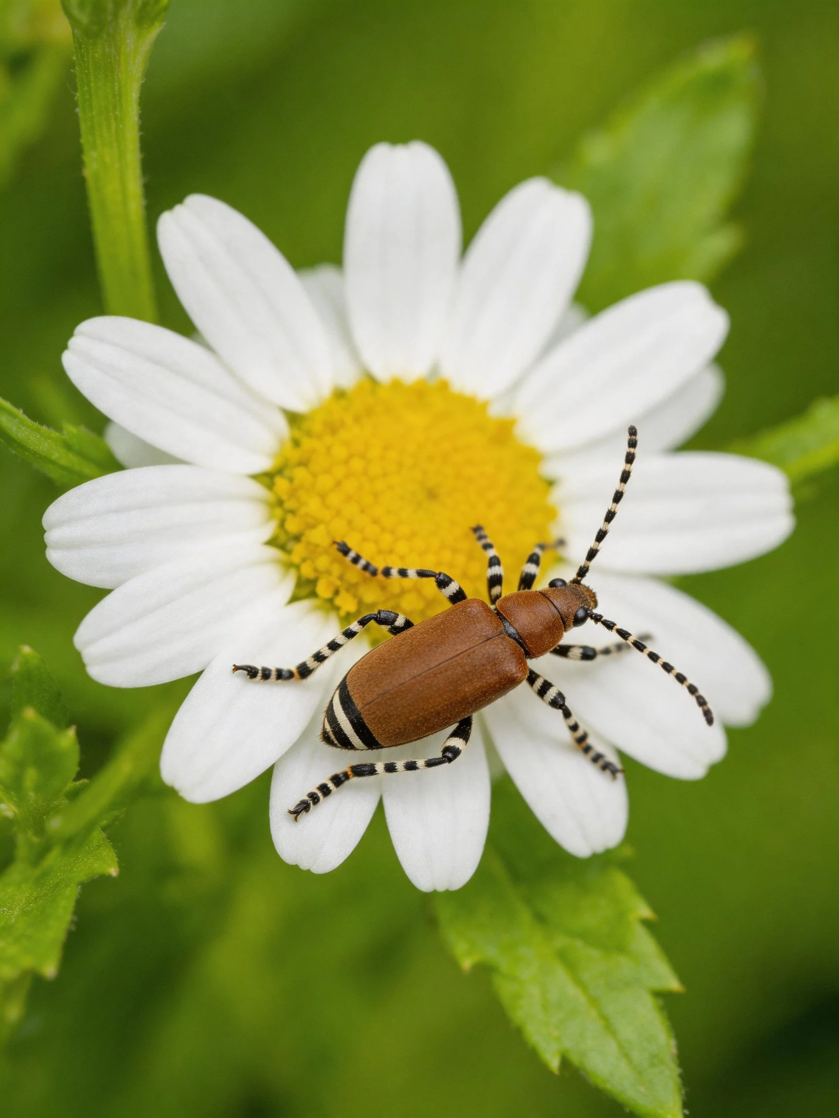 A brown beetle with striped legs rests on a white daisy with a yellow center