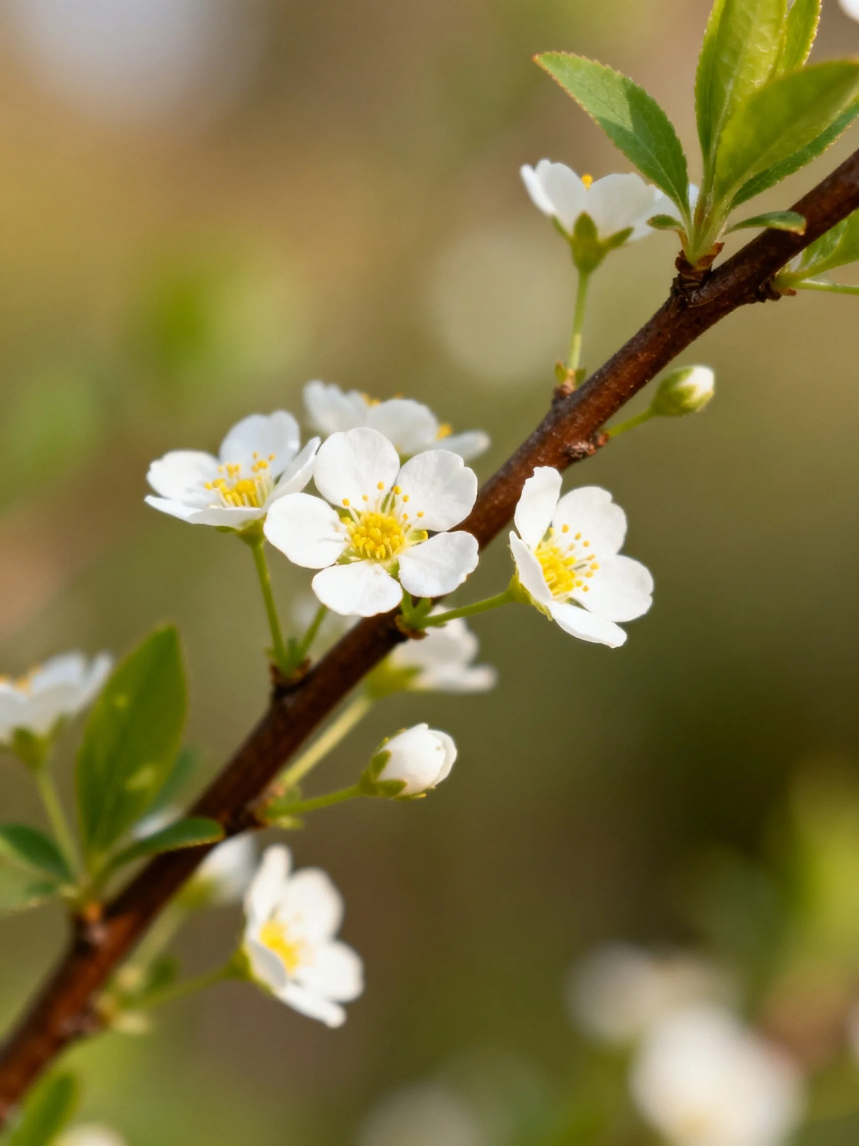 A brown branch with white blossoms and green leaves