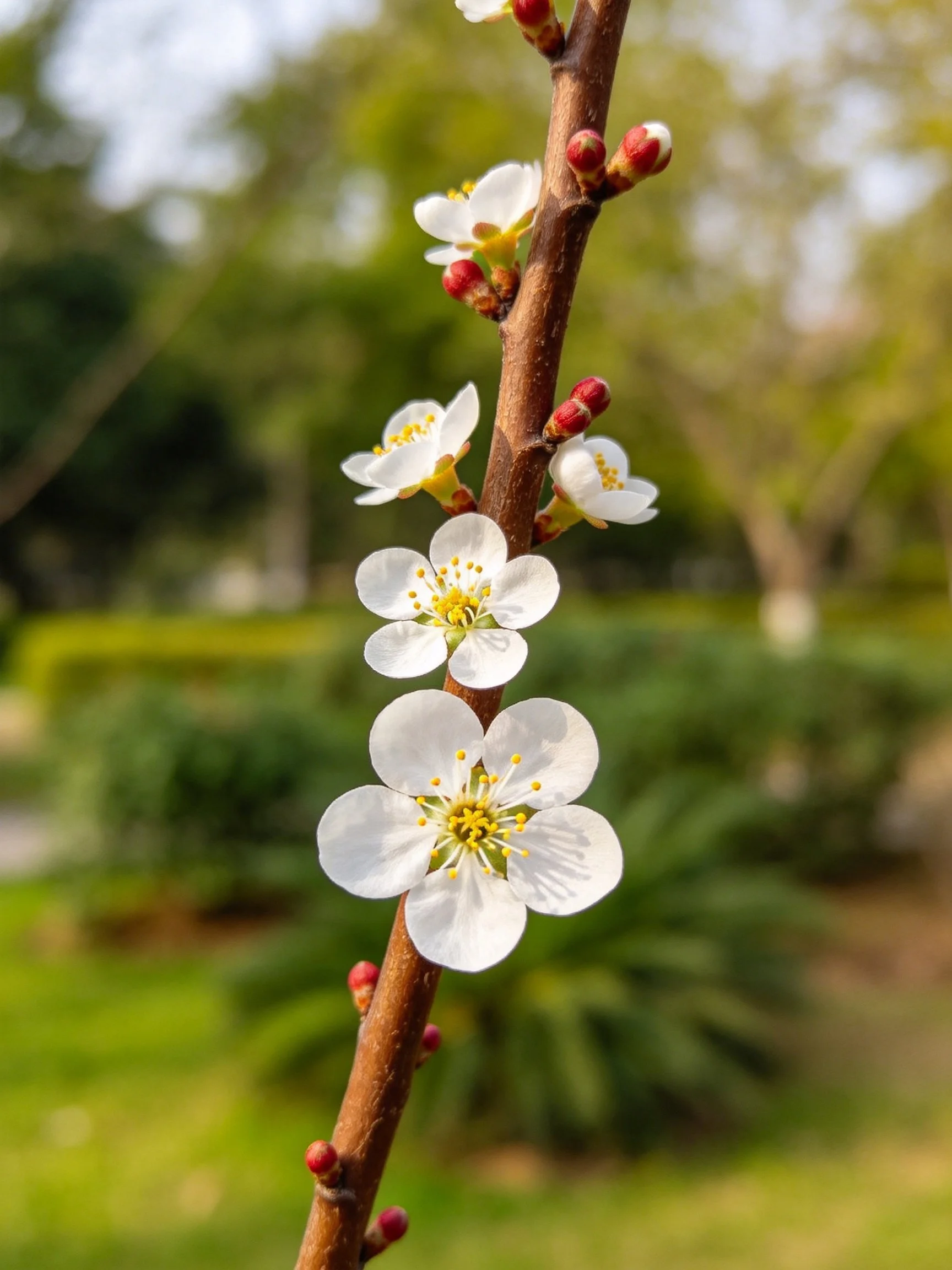 A brown branch with white blossoms and red flower buds