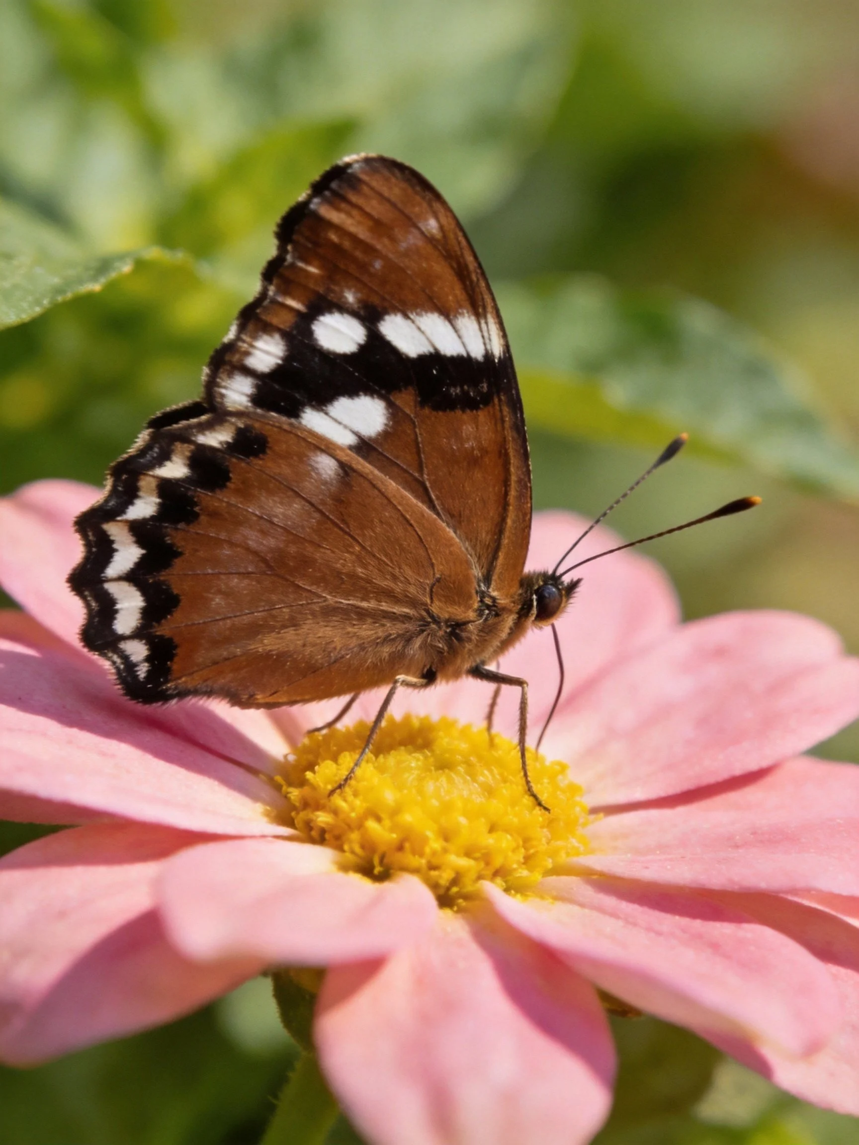 A brown butterfly with white and black markings perches on a pink flower