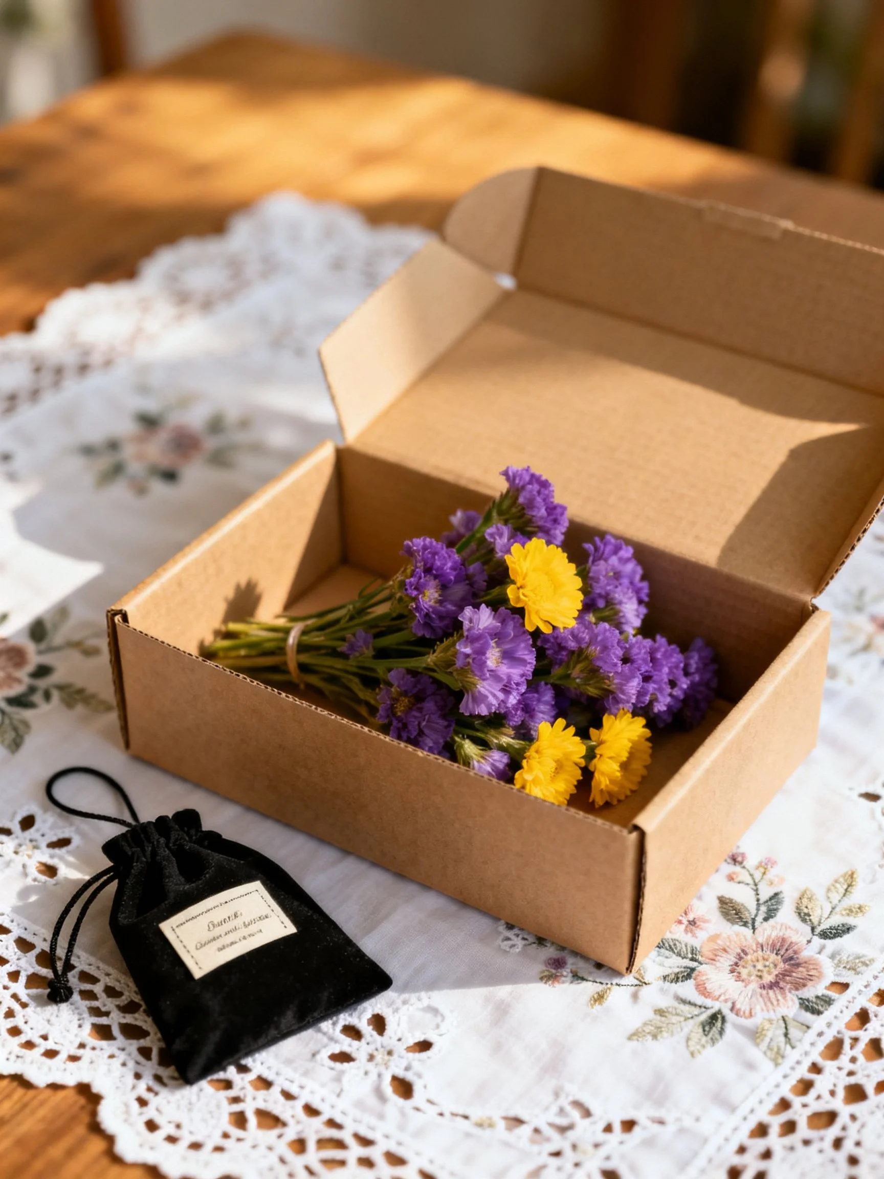 A brown cardboard box with purple and yellow flowers next to a black drawstring bag