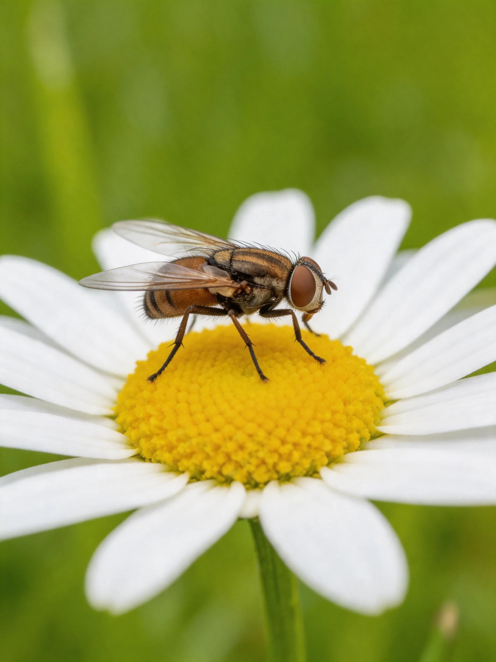 A brown fly perches on a white daisy with yellow center