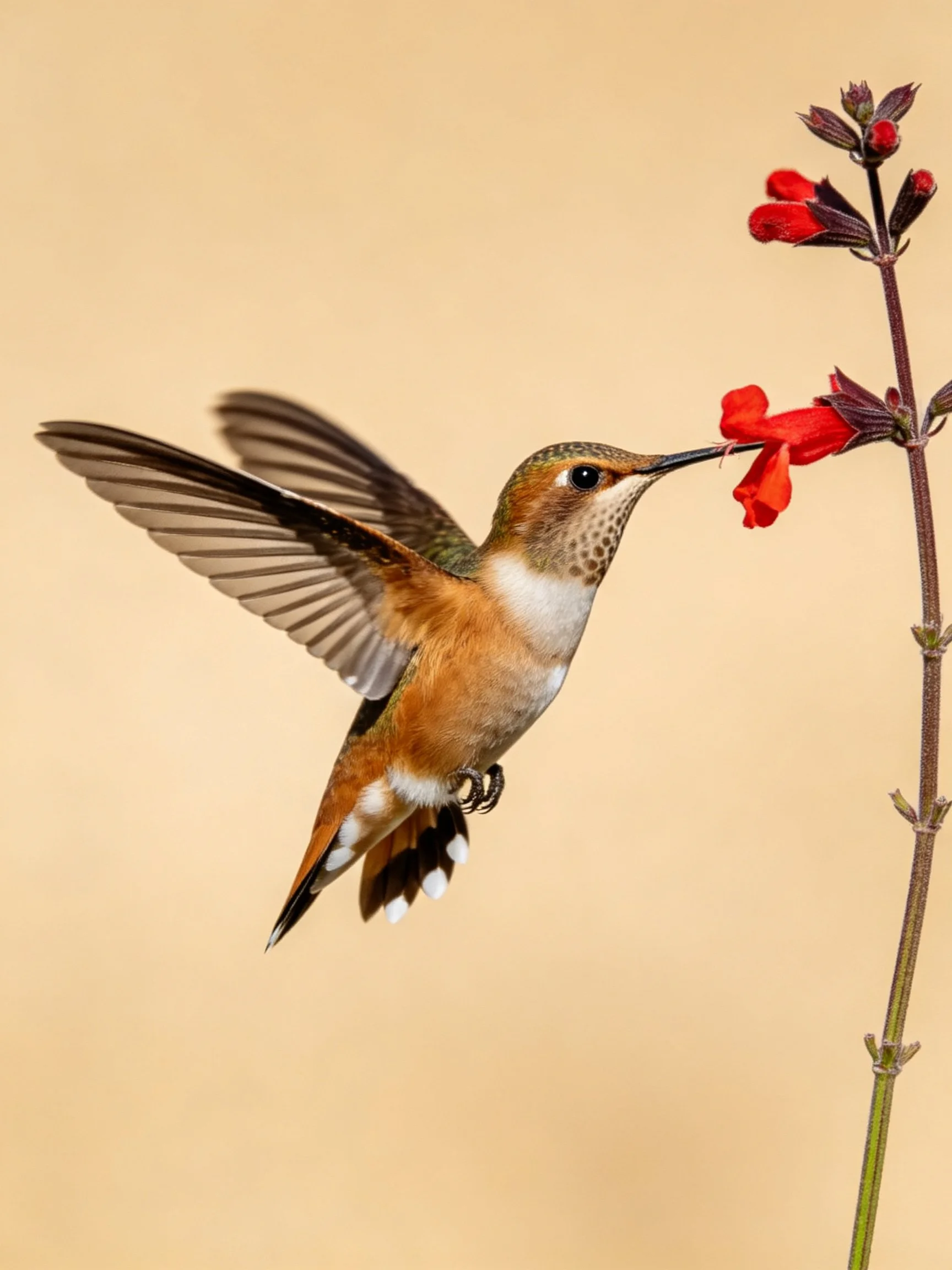 A brown hummingbird feeds from vibrant red flowering stems