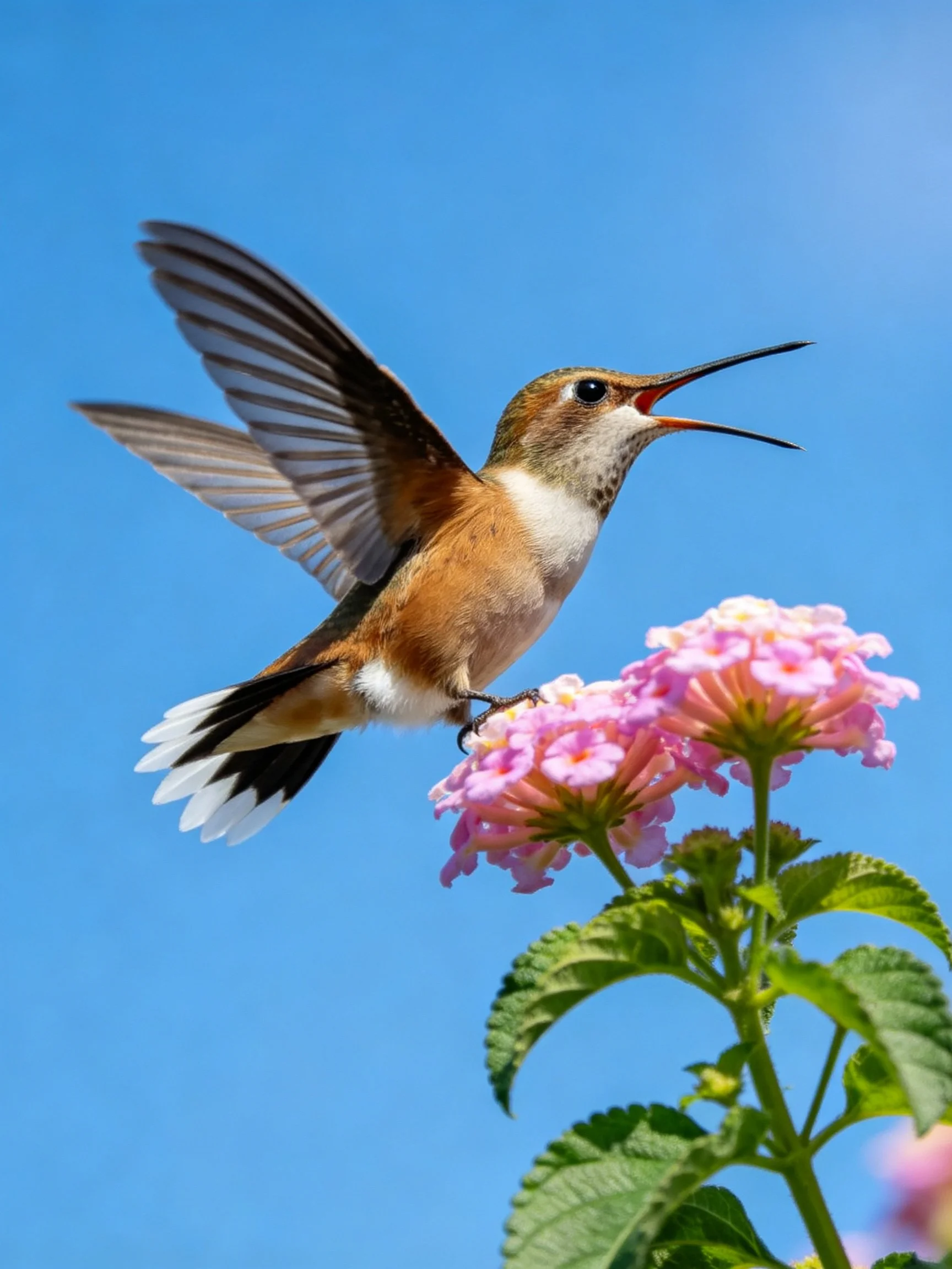 A brown hummingbird feeds on pink blooms under a clear blue sky
