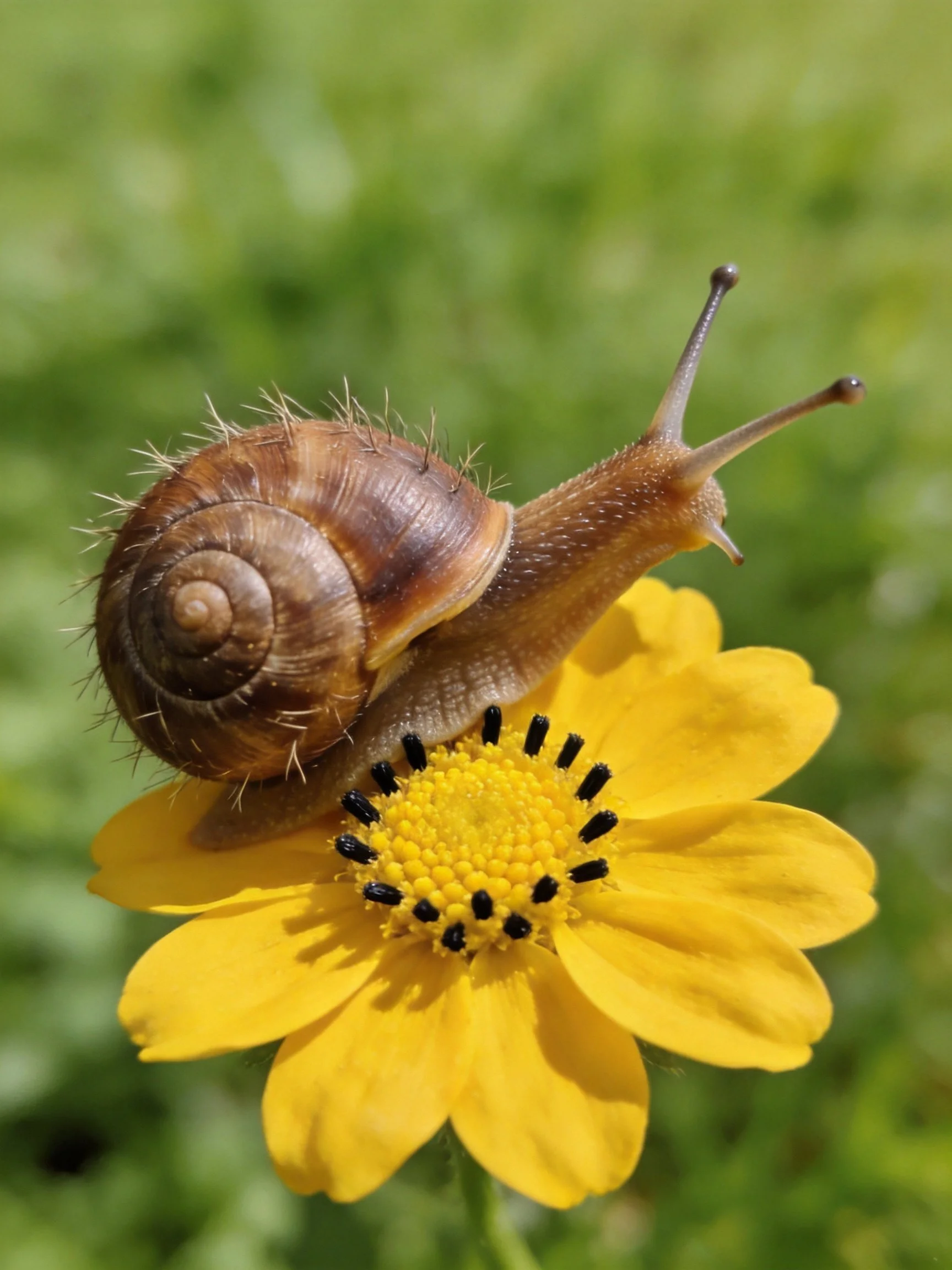 A brown-shelled snail rests on a bright yellow flower