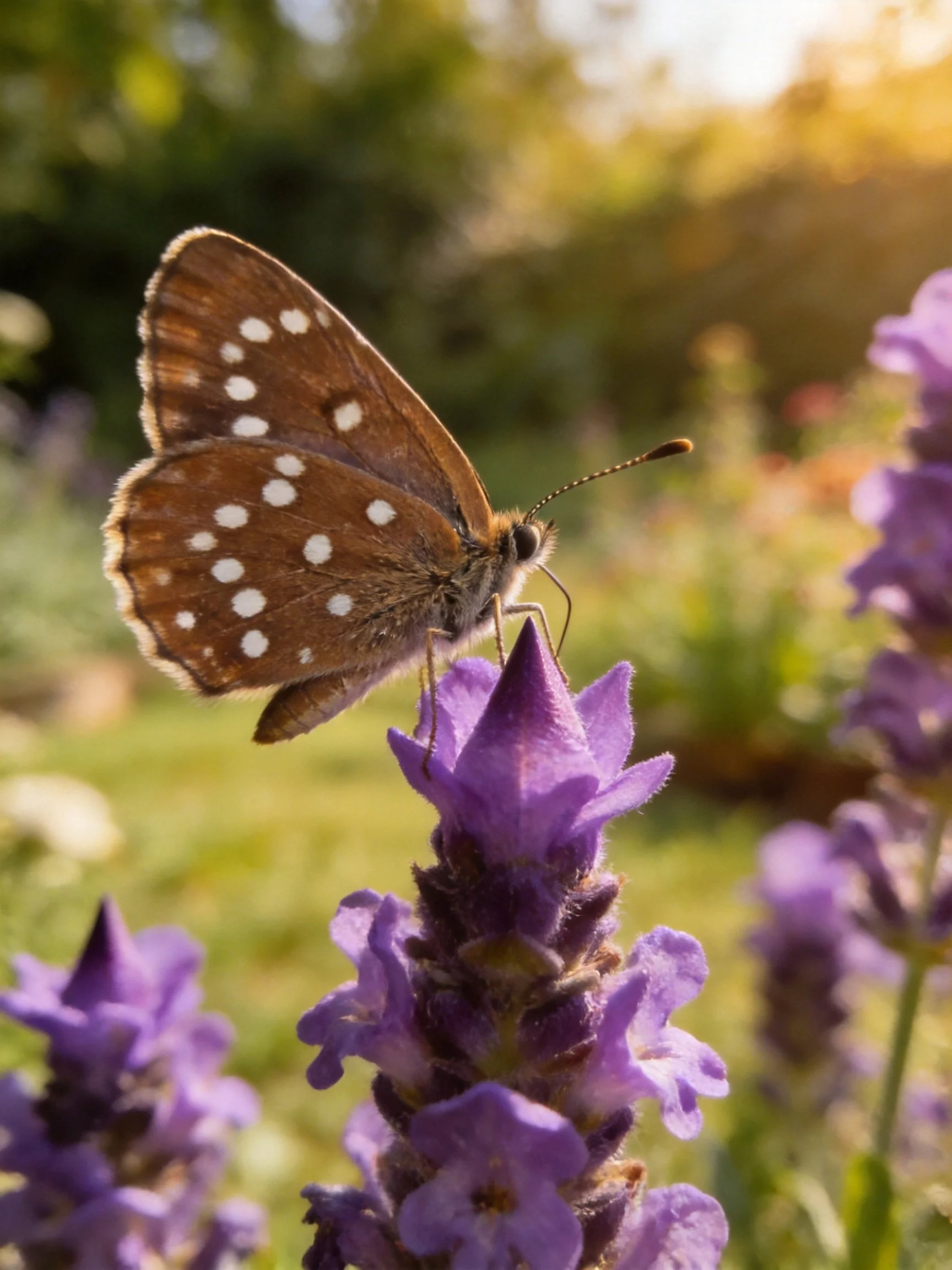 A brown-spotted butterfly perched on vibrant purple lavender