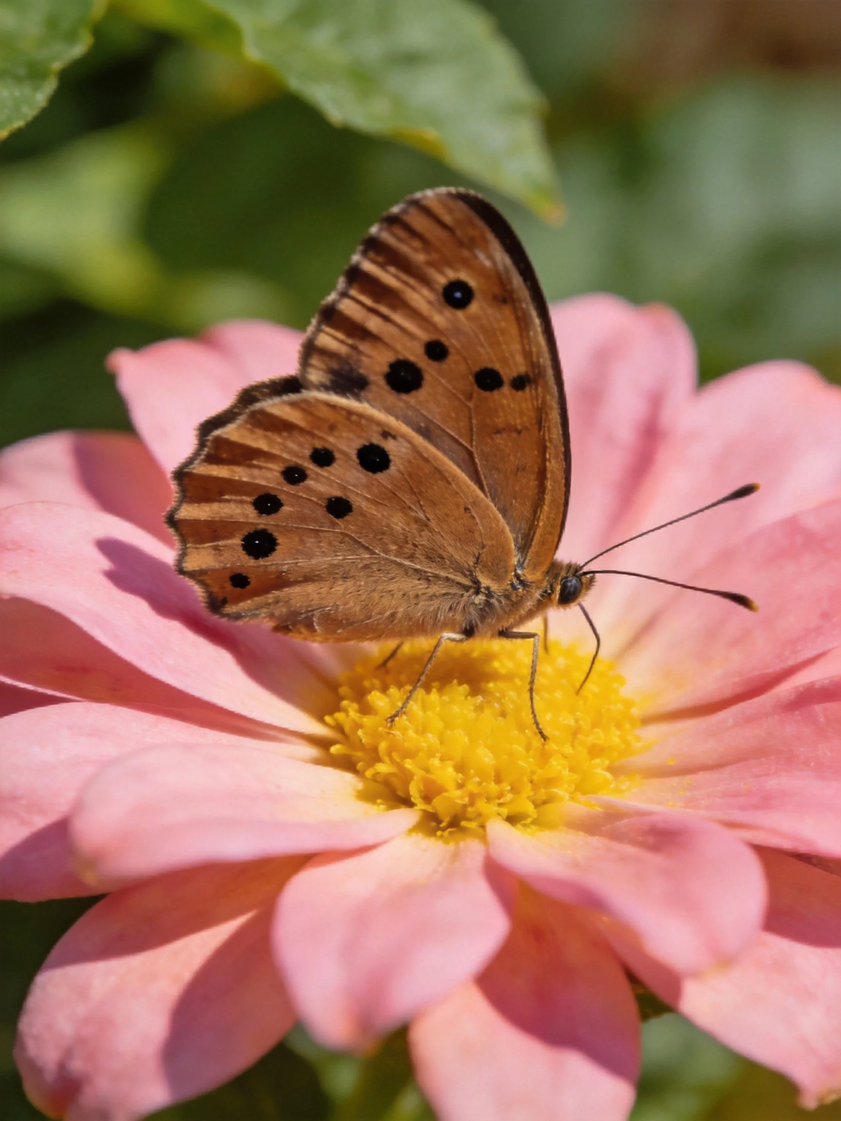 A brown-spotted butterfly perches on a pink flower with a yellow center