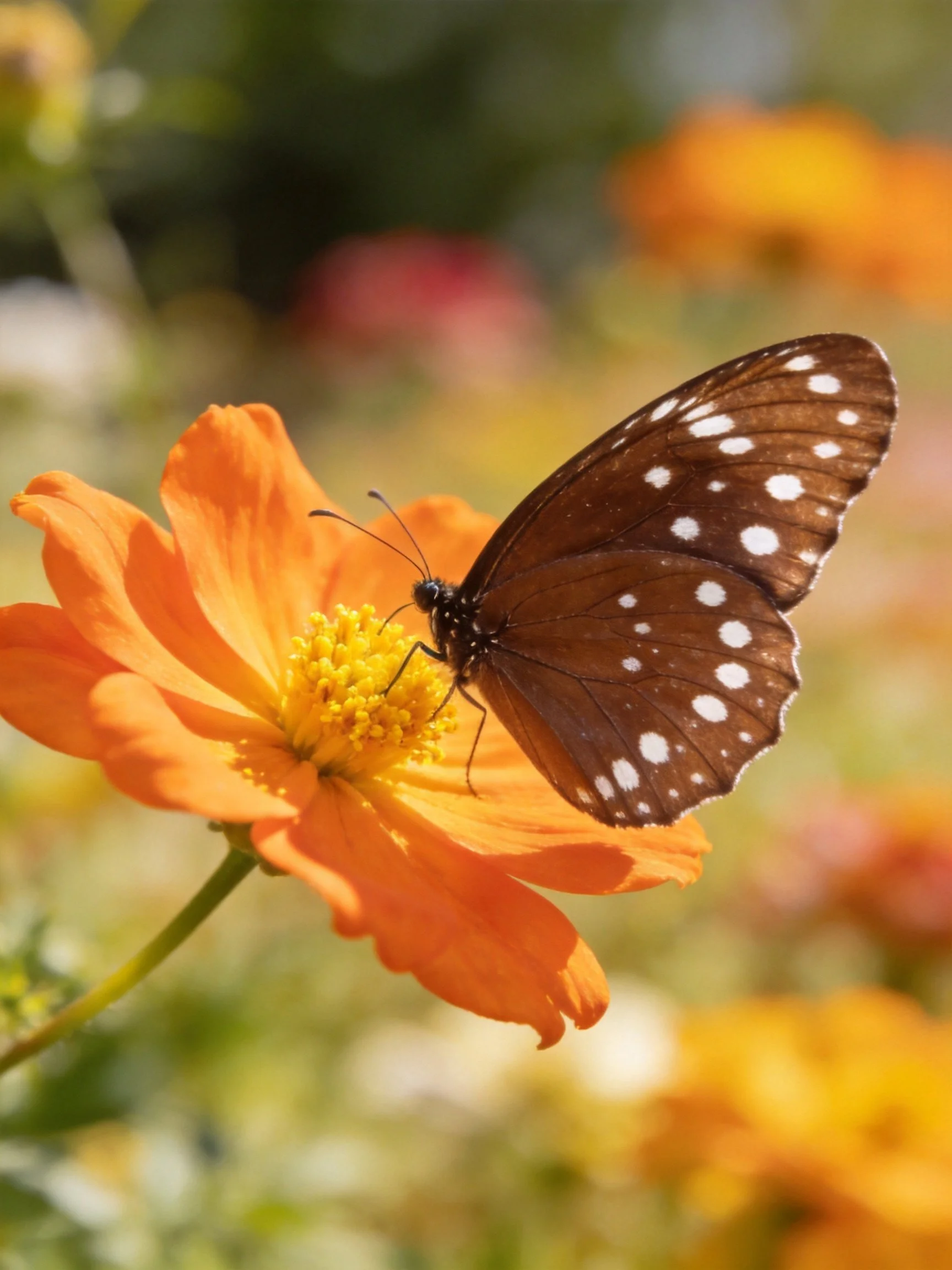 A brown-spotted butterfly perches on a vibrant orange flower