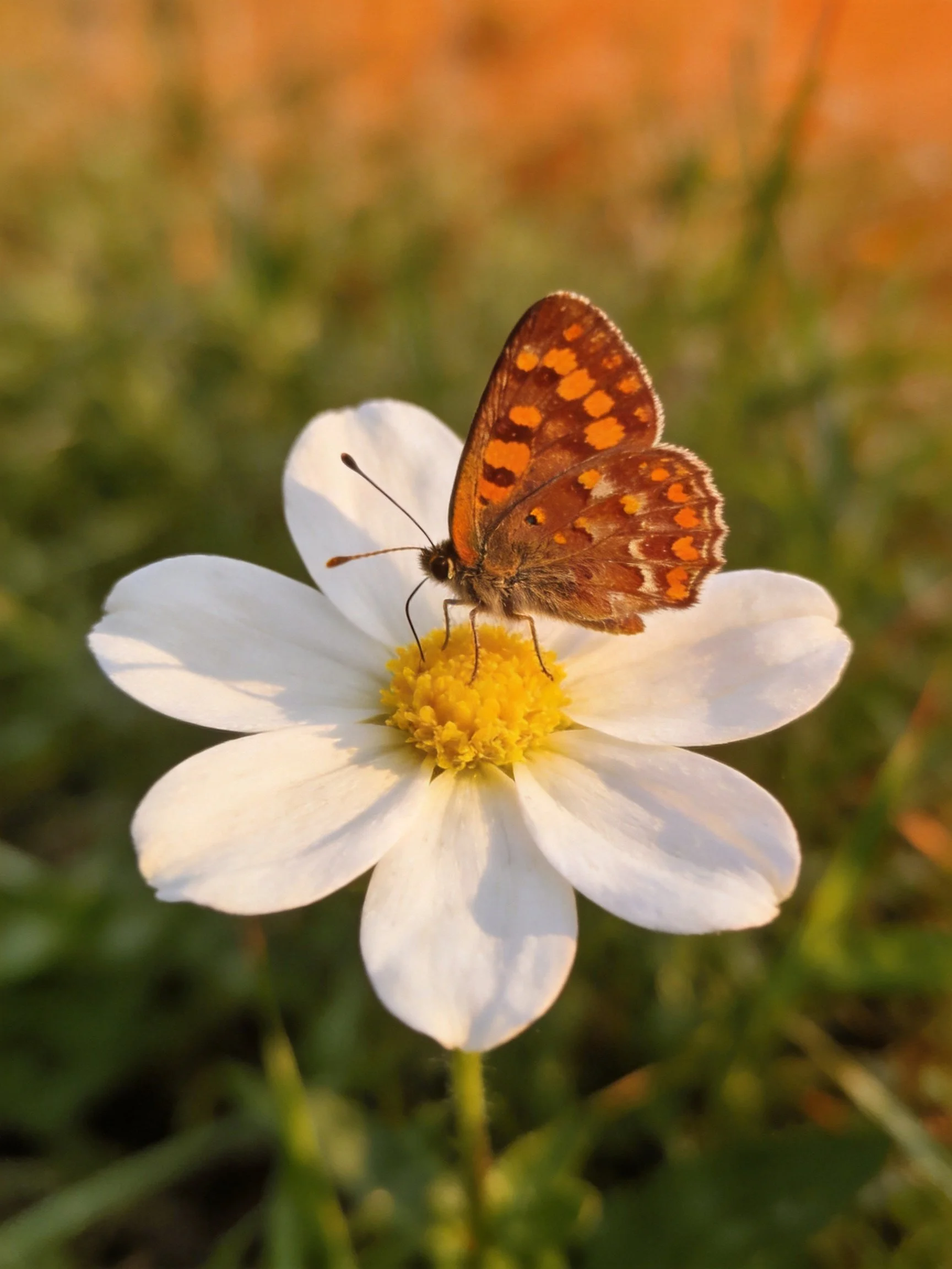 A brown-spotted butterfly perches on a white flower with a yellow center
