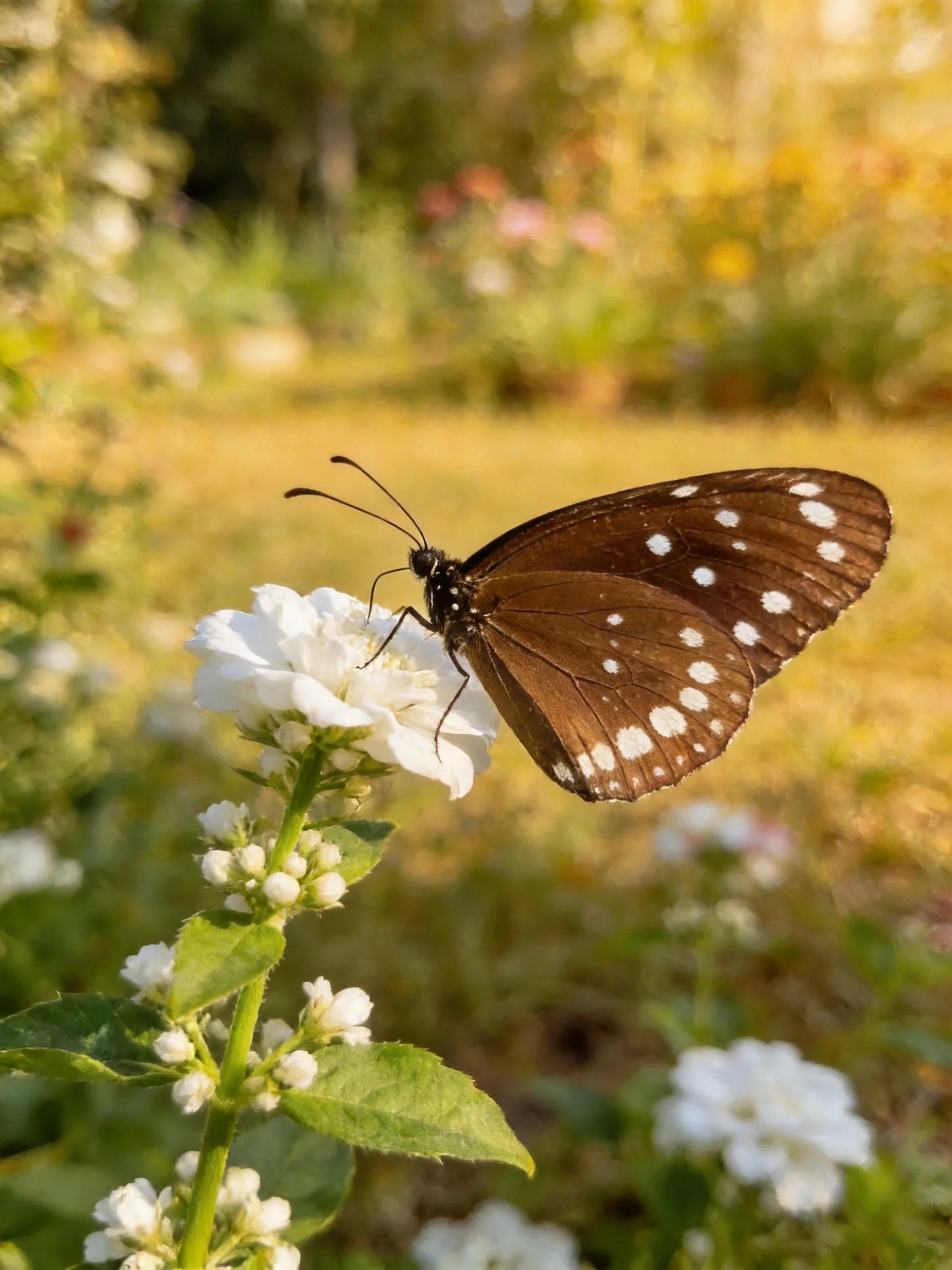 A brown-spotted butterfly rests on a white flower