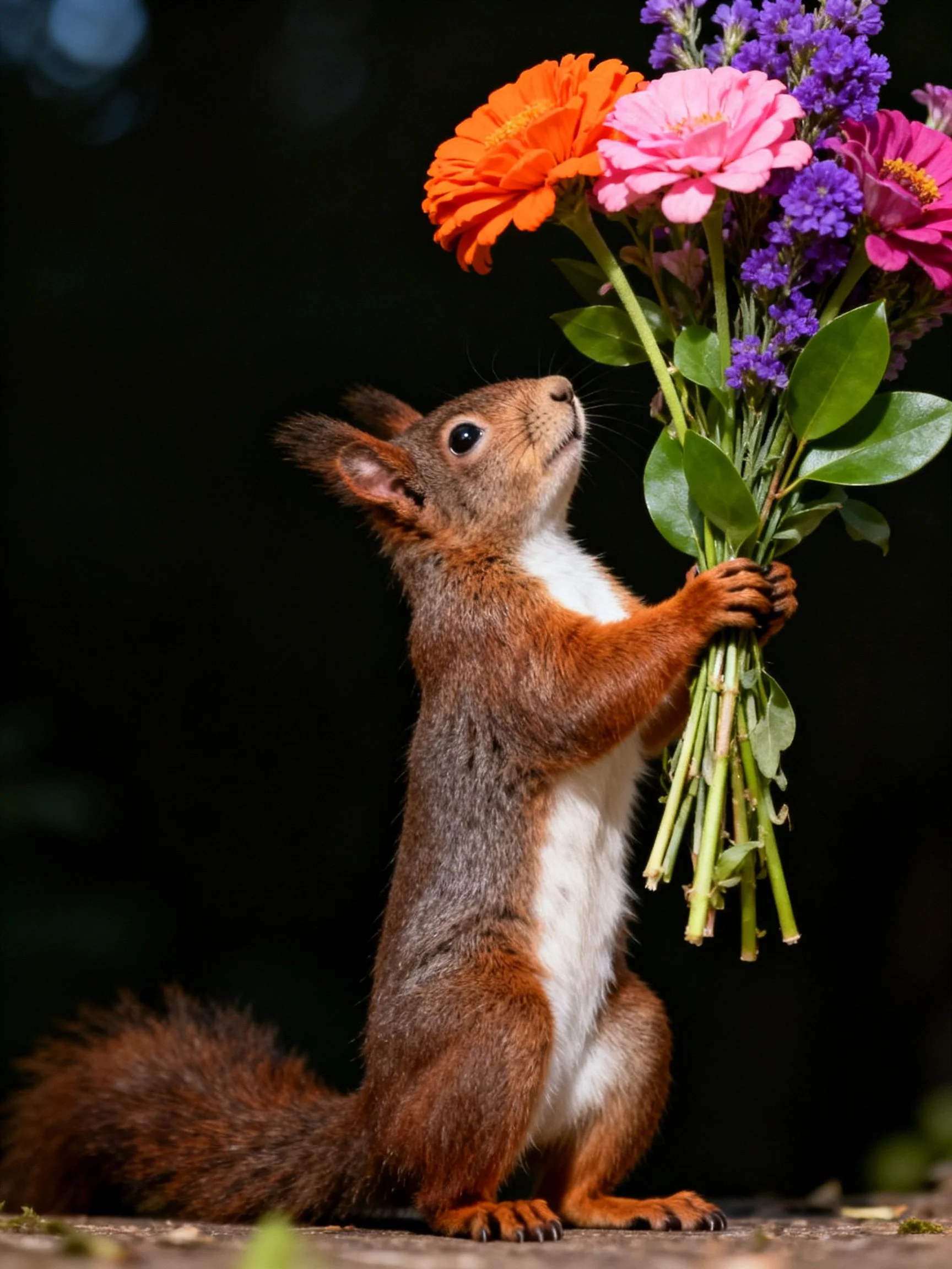 A brown squirrel holds vibrant mixed flowers against dark backdrop