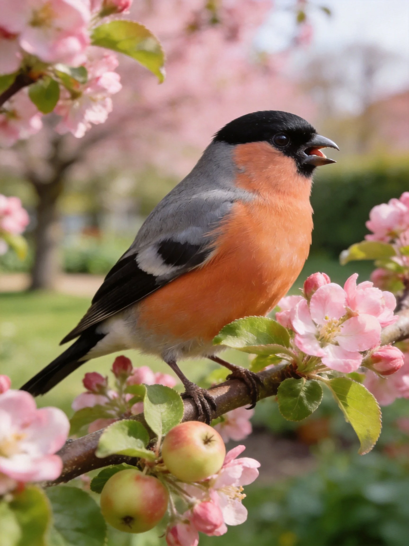 A bullfinch perches on an apple tree branch with pink blossoms