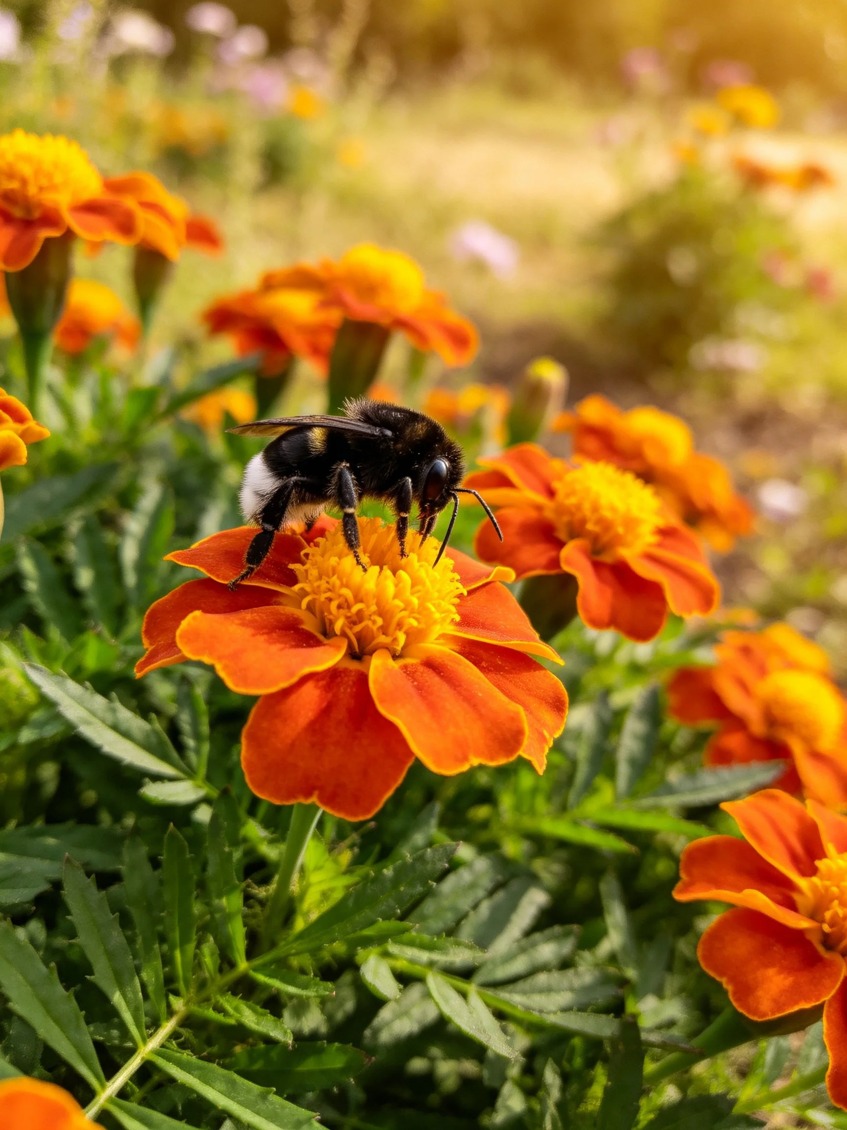 A bumblebee collecting nectar from vibrant orange marigold flowers
