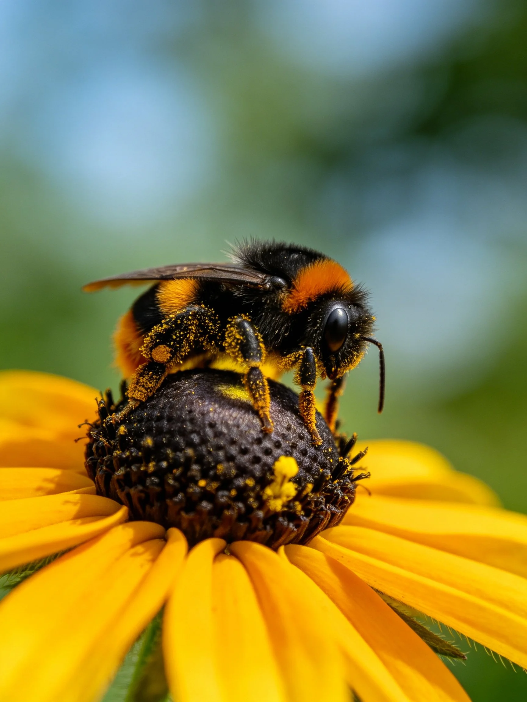 A bumblebee dusted with pollen on a bright yellow flower