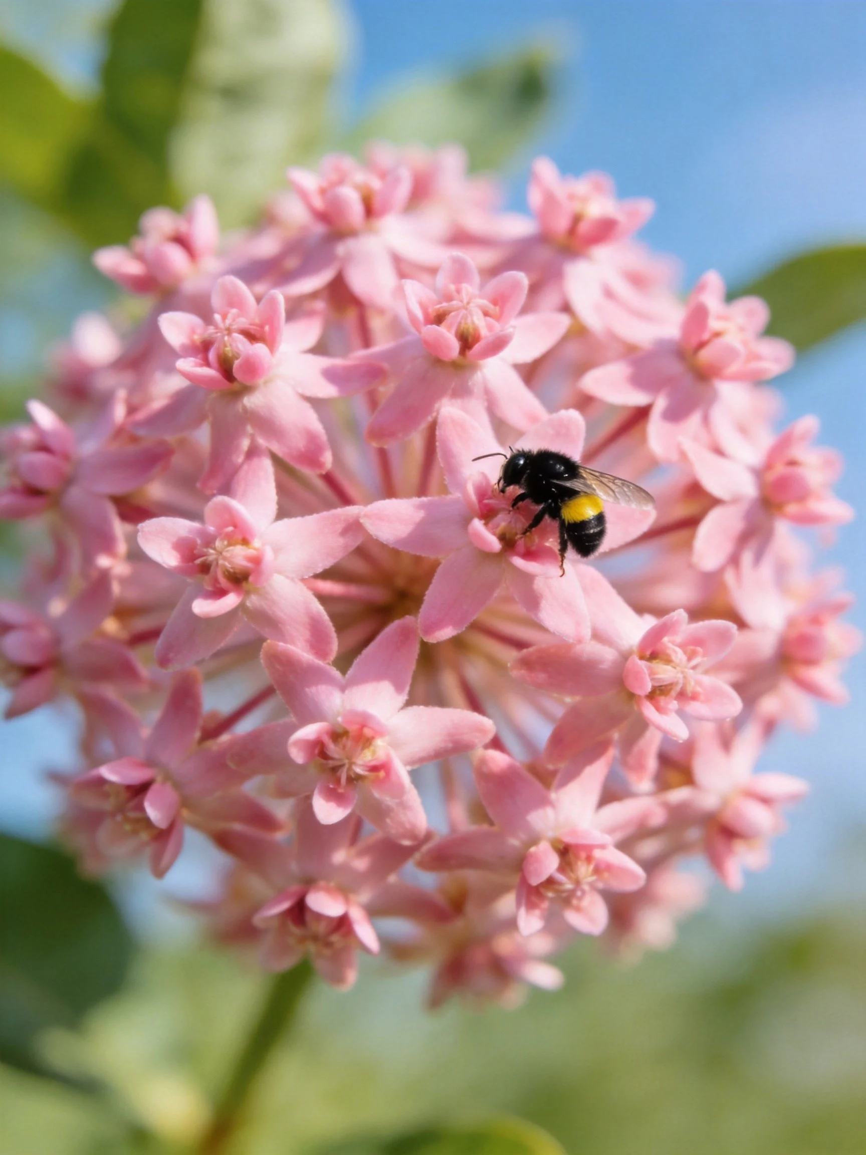 A bumblebee gathering nectar from pink clustered flowers