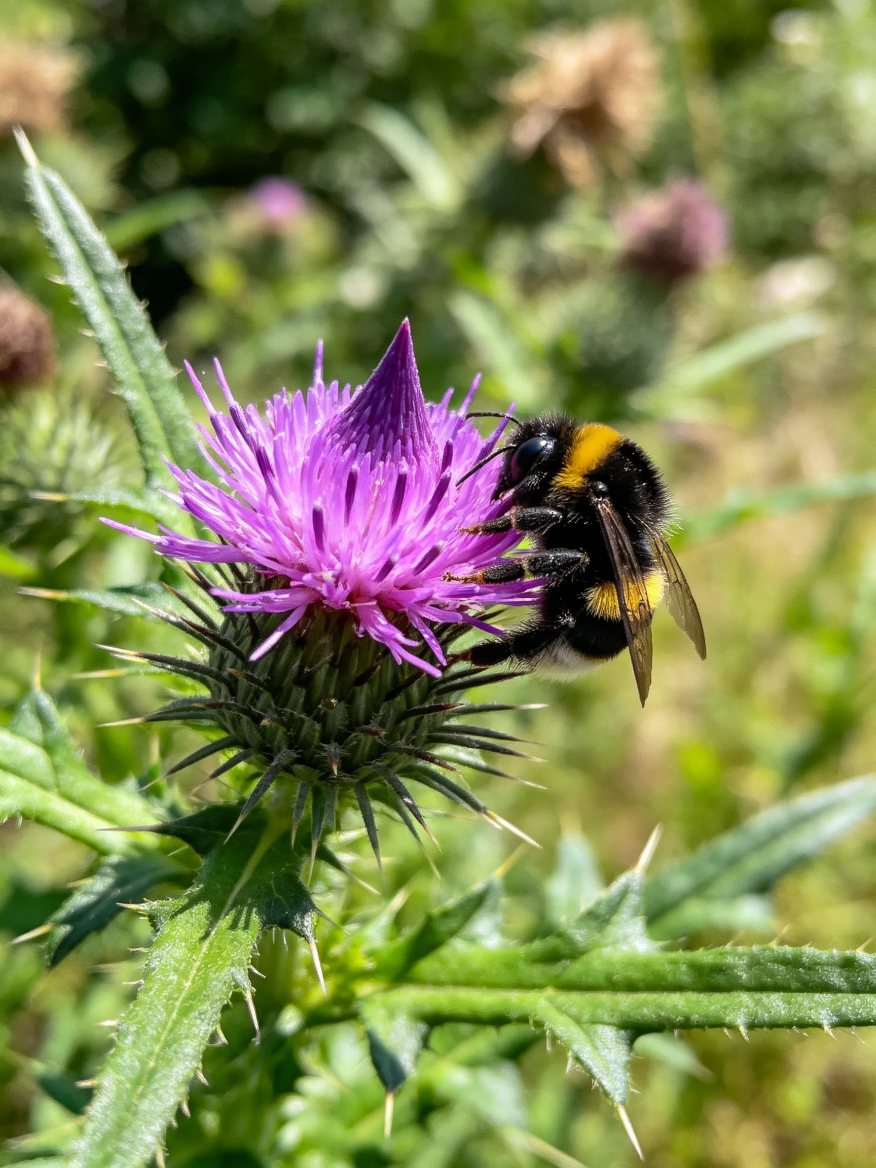 A bumblebee gathers nectar from a vibrant purple thistle flower