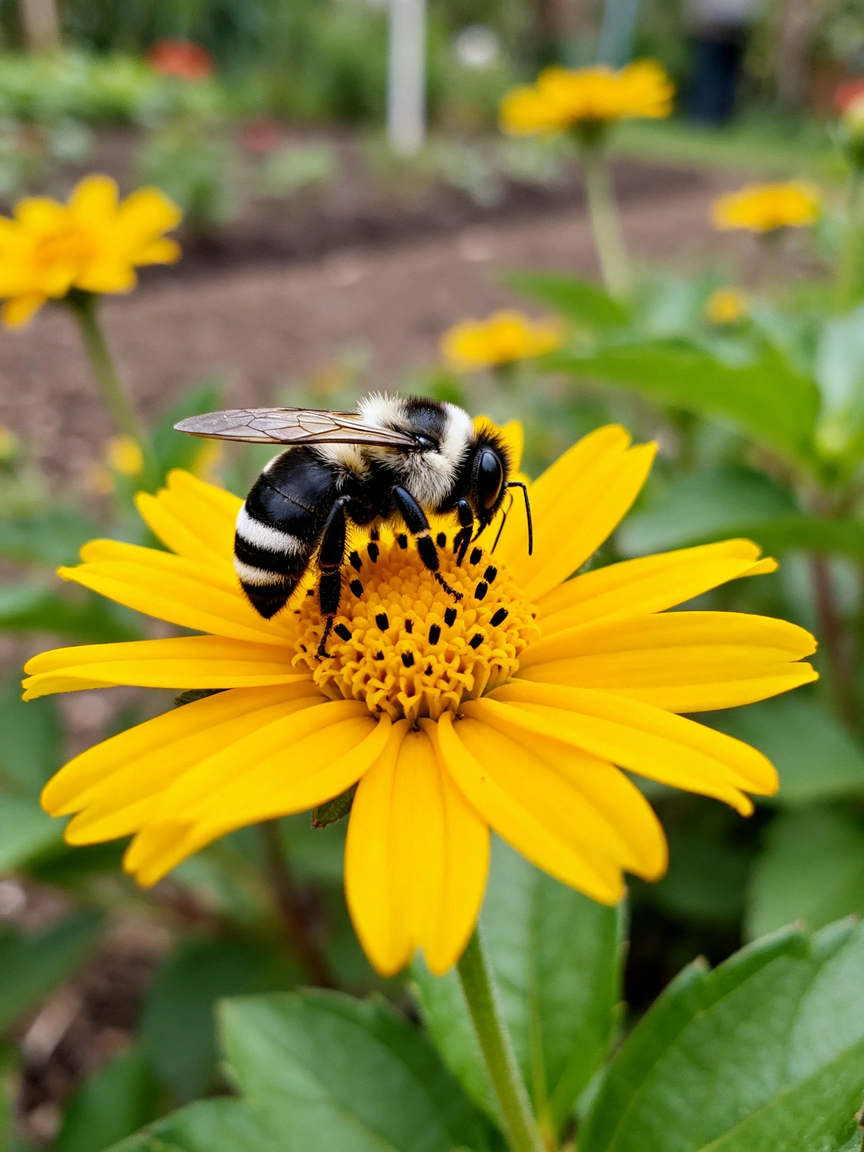 A bumblebee gathers nectar from a vibrant yellow flower