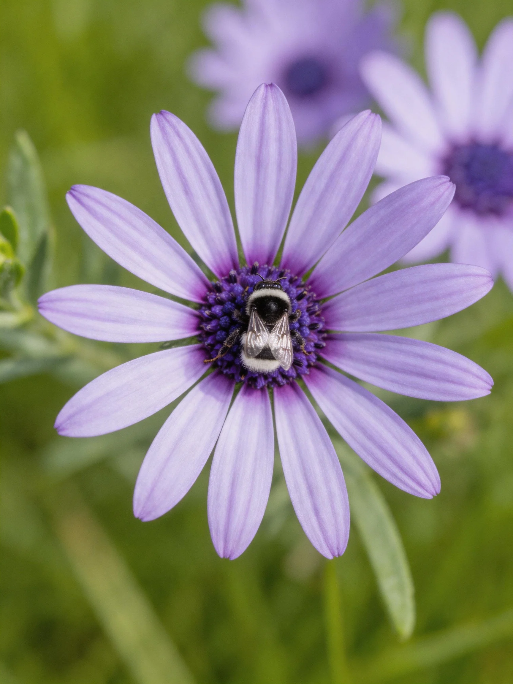 A bumblebee on a vibrant purple daisy with green surroundings