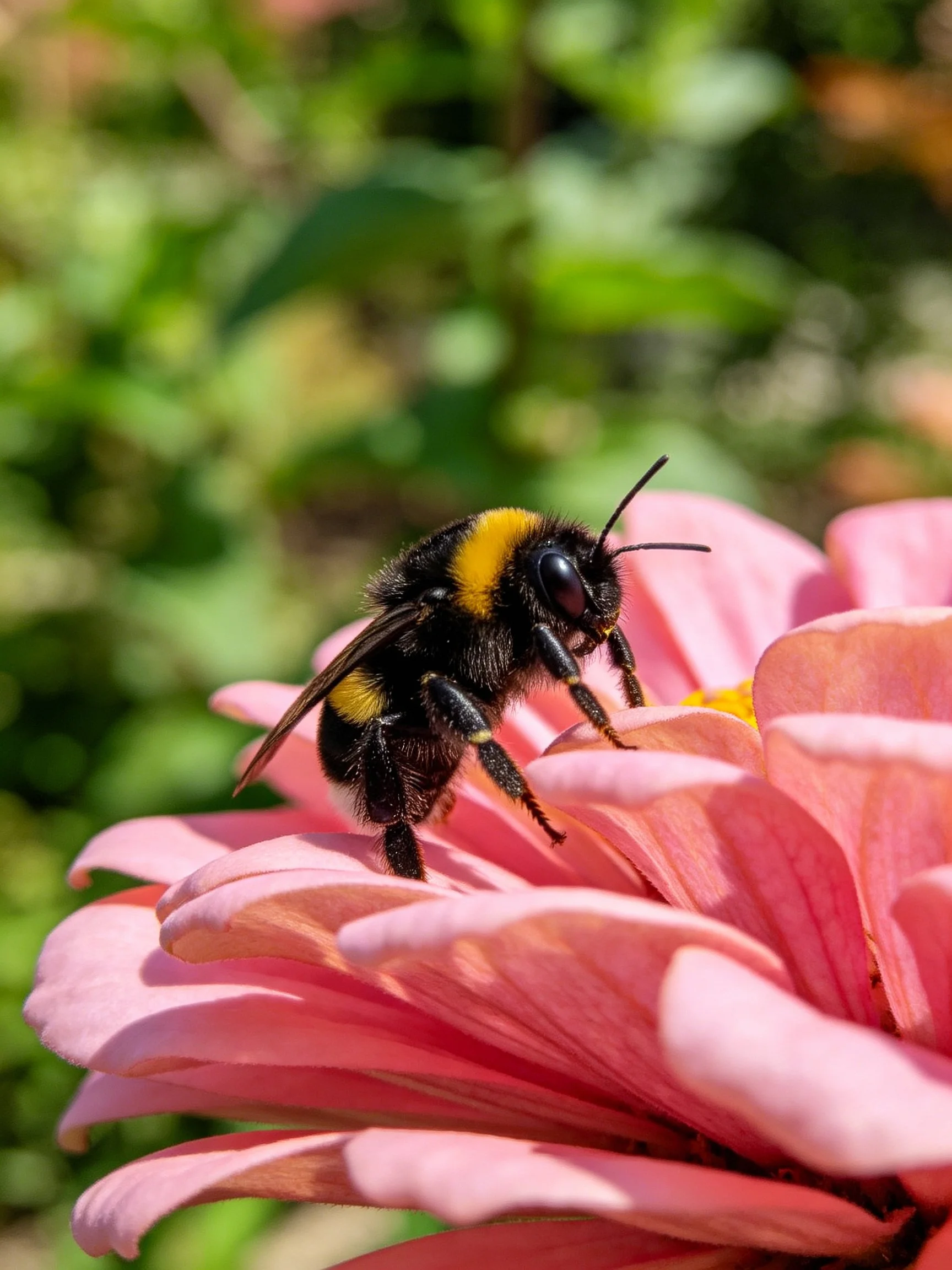A bumblebee with black and yellow stripes on a pink flower