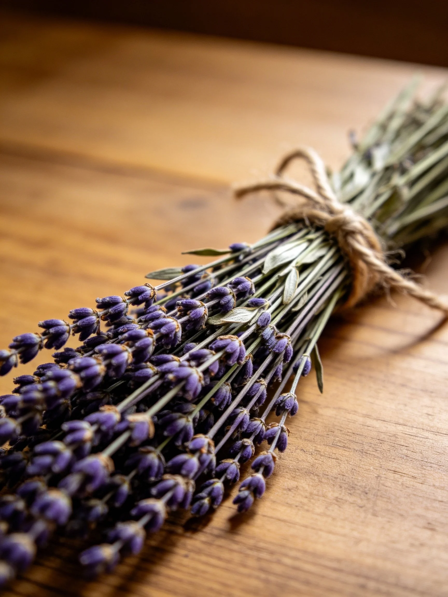 A bundle of dried purple lavender tied with twine on a wooden surface