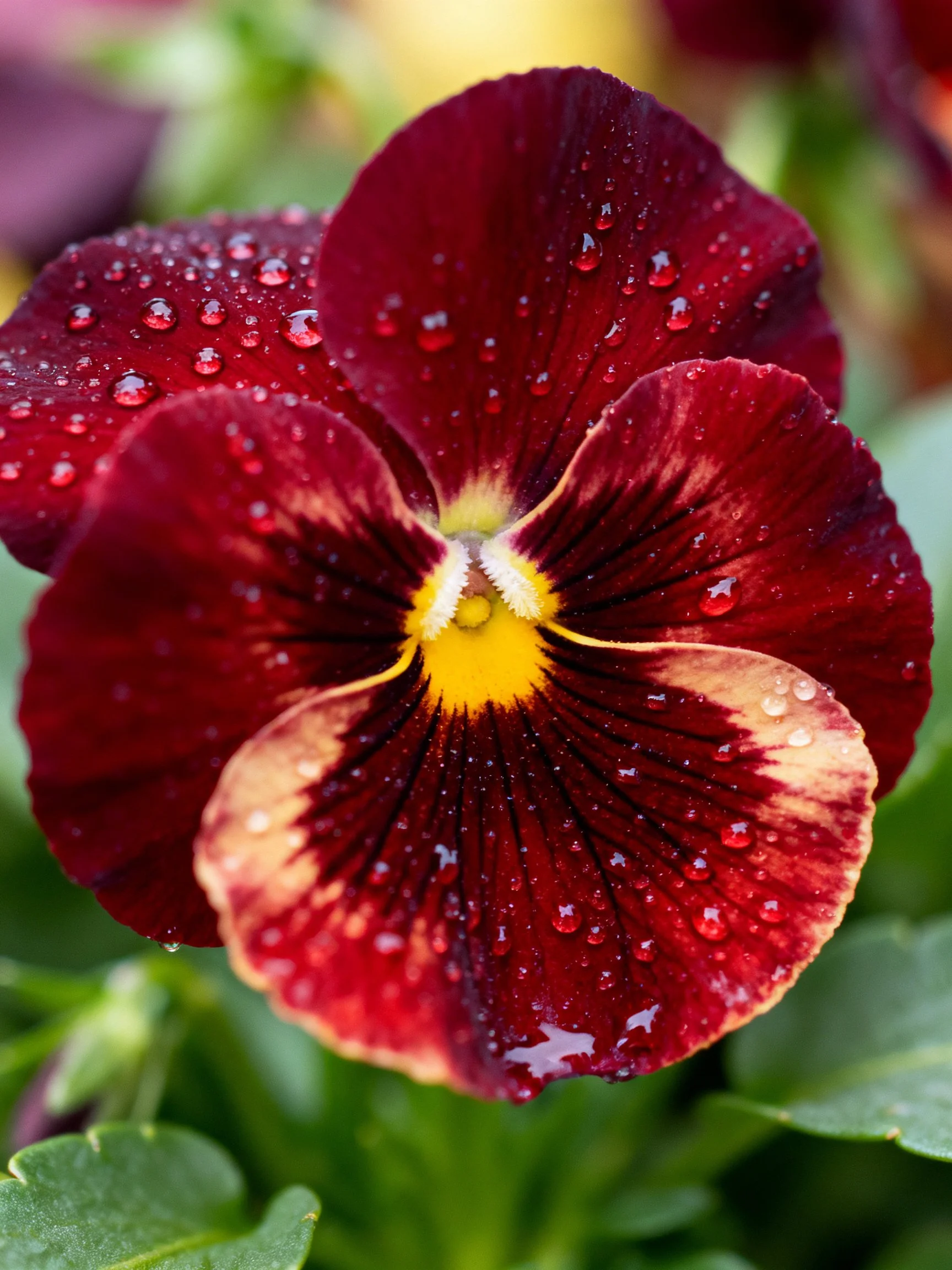 A burgundy pansy with water droplets and green foliage backdrop