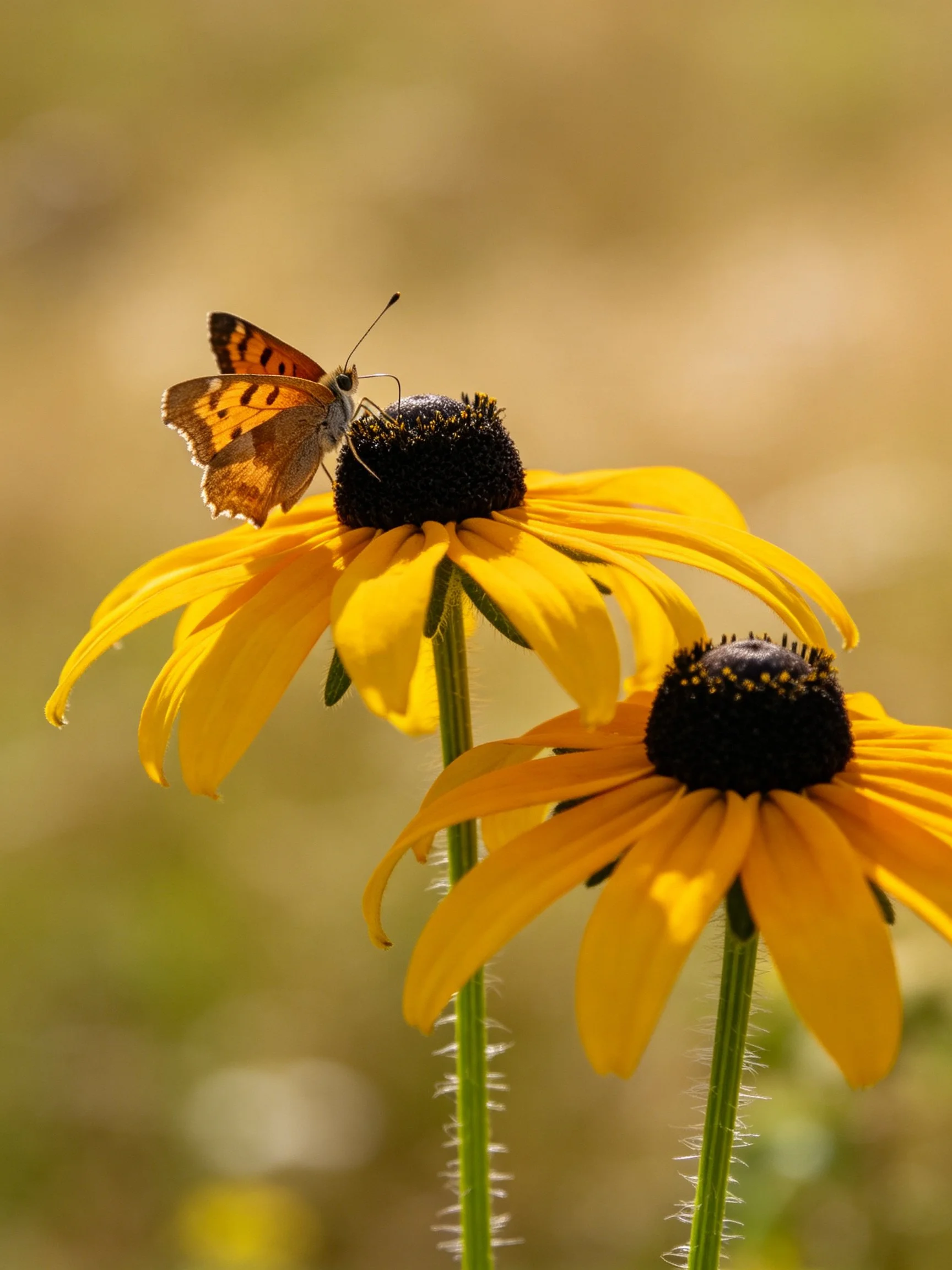 A butterfly on two vibrant yellow flowers with dark centers