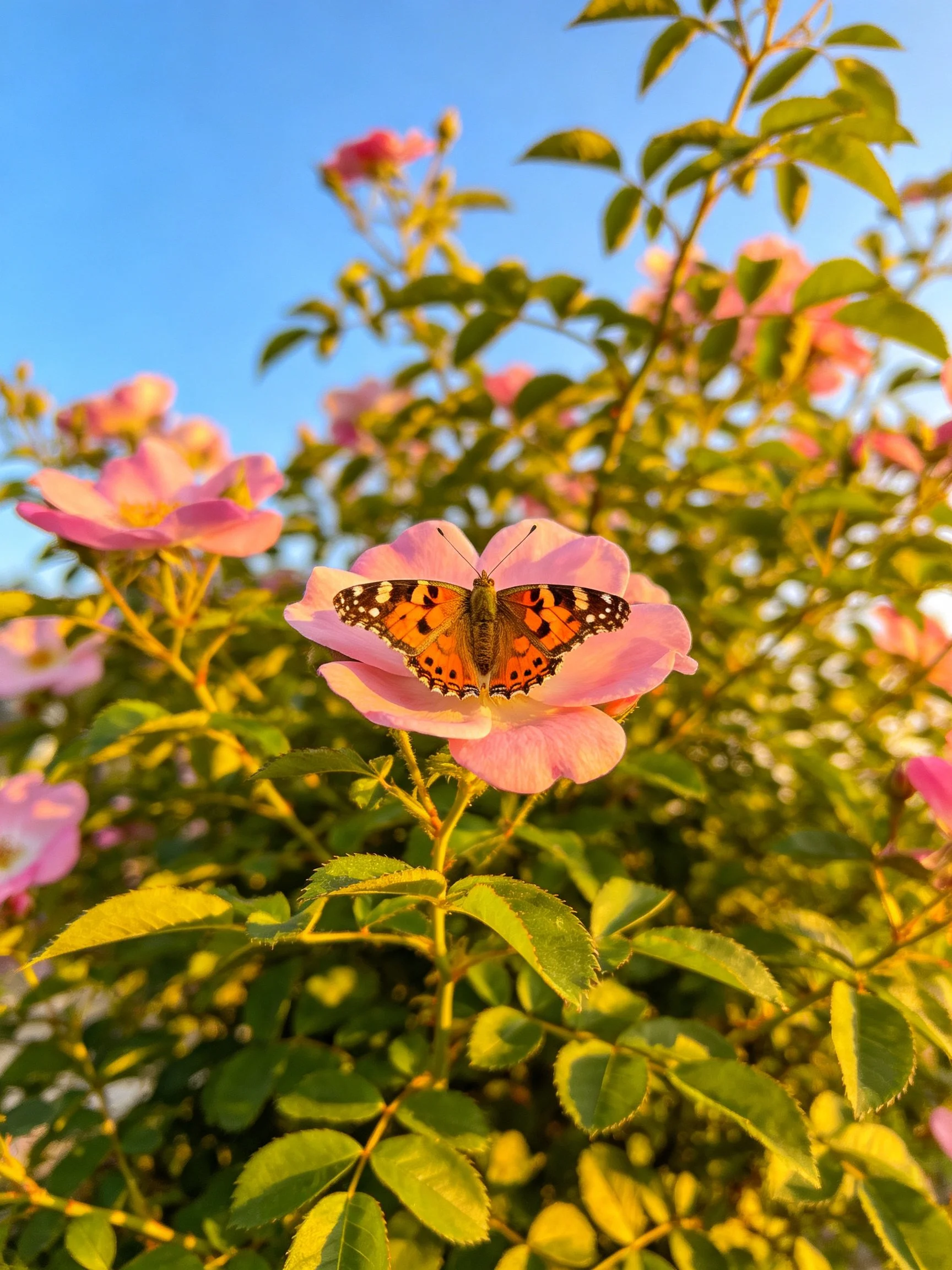 A butterfly perches on a pink flower among green leaves under blue sky