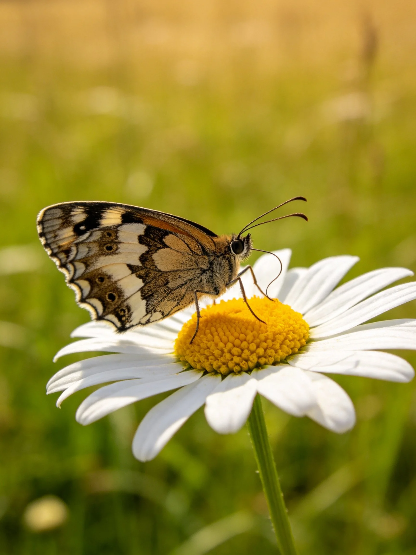 A butterfly perches on a white daisy with a yellow center