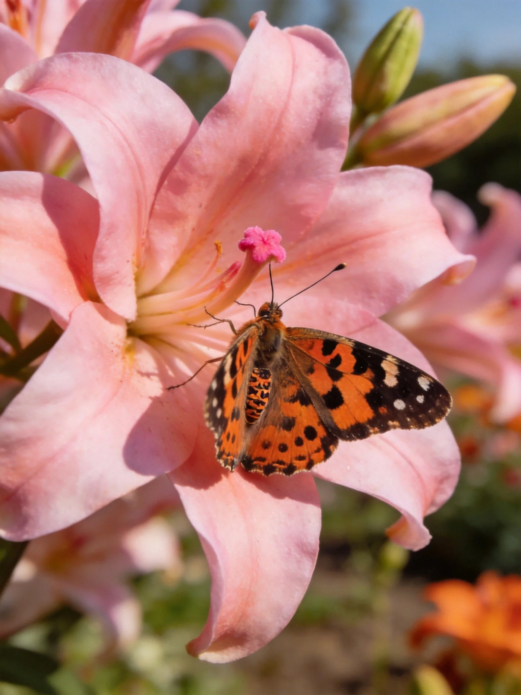 A butterfly rests on a large pink lily blossom