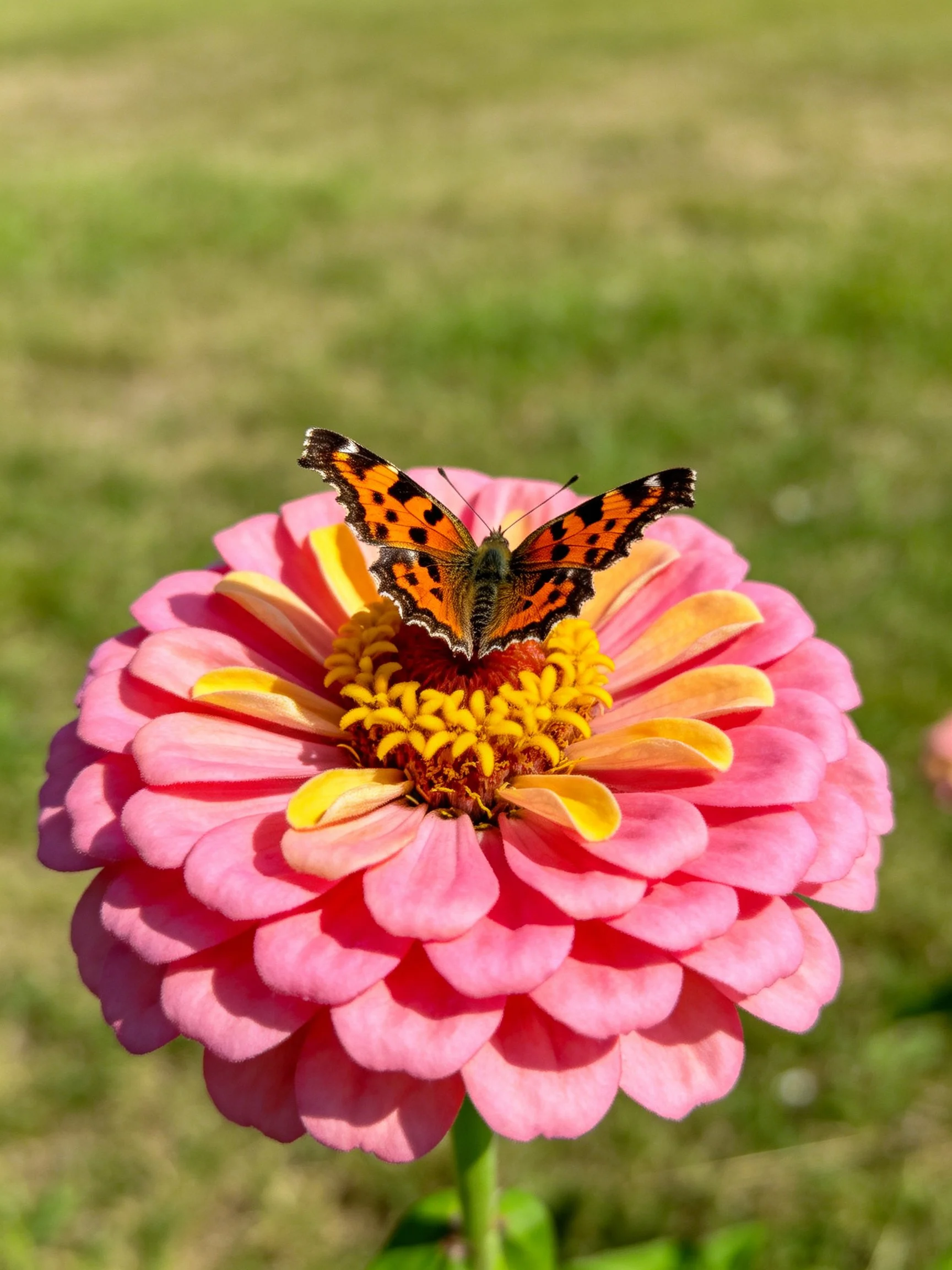A butterfly rests on a vibrant pink zinnia with yellow center
