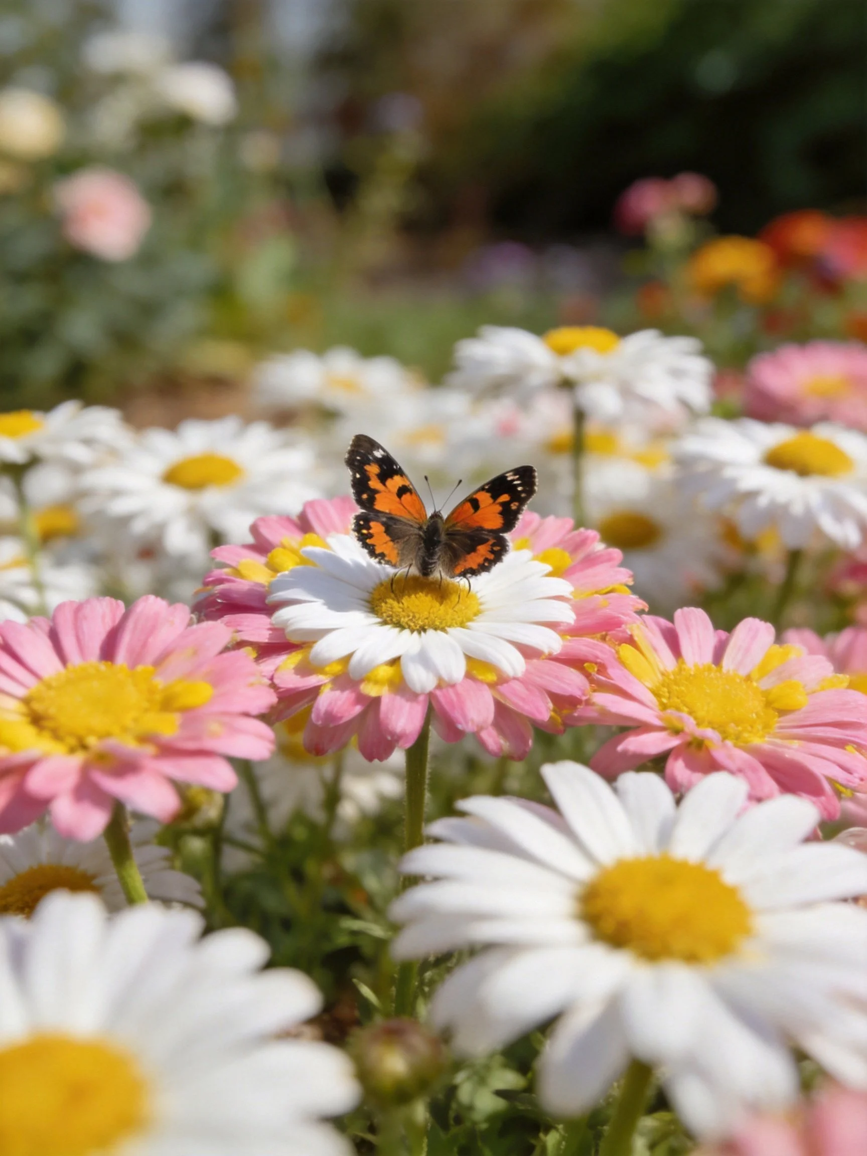 A butterfly sits atop pink and white daisies with yellow centers