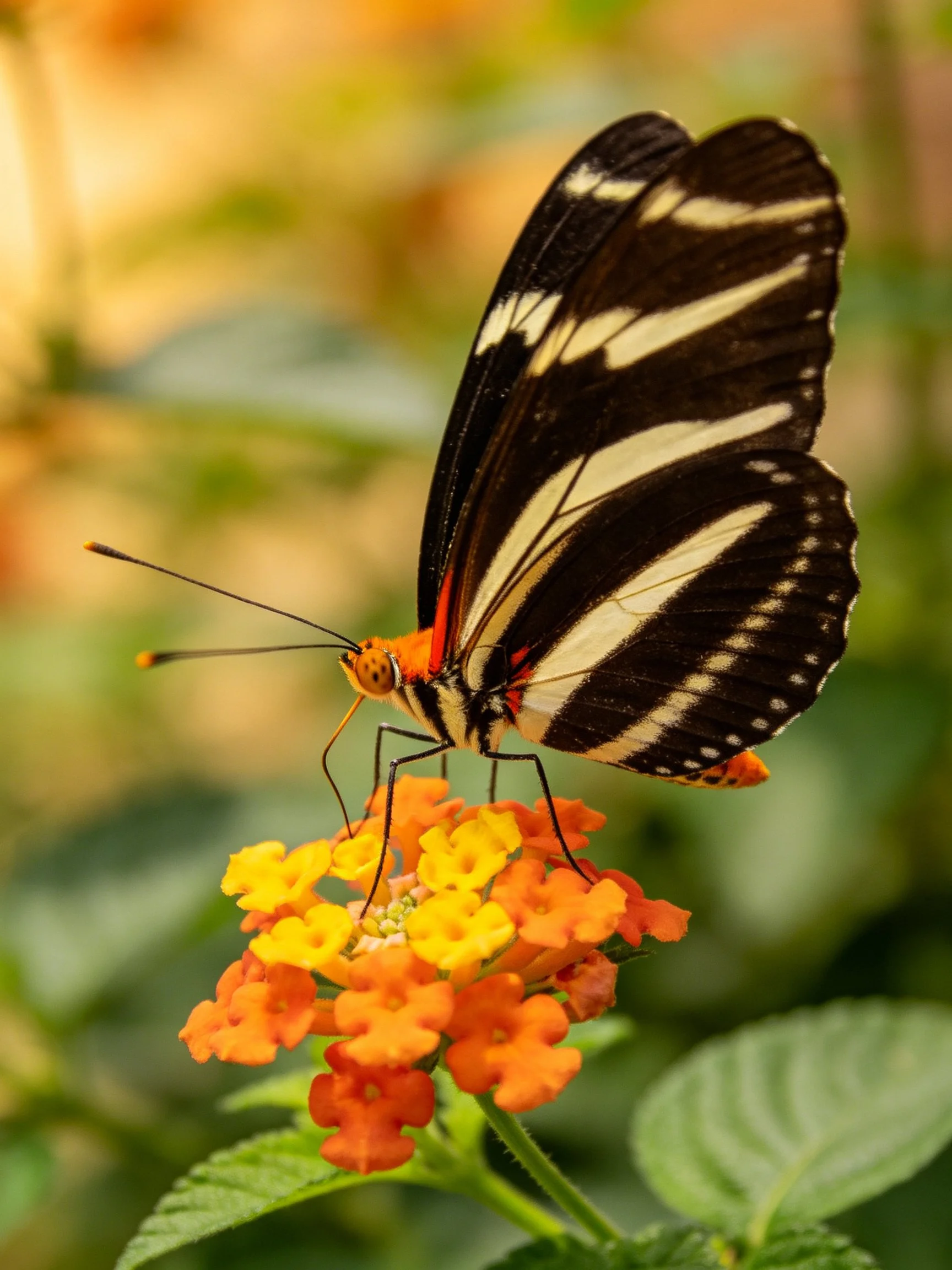 A butterfly with bold black-and-white wings perches on vibrant orange-yellow blooms