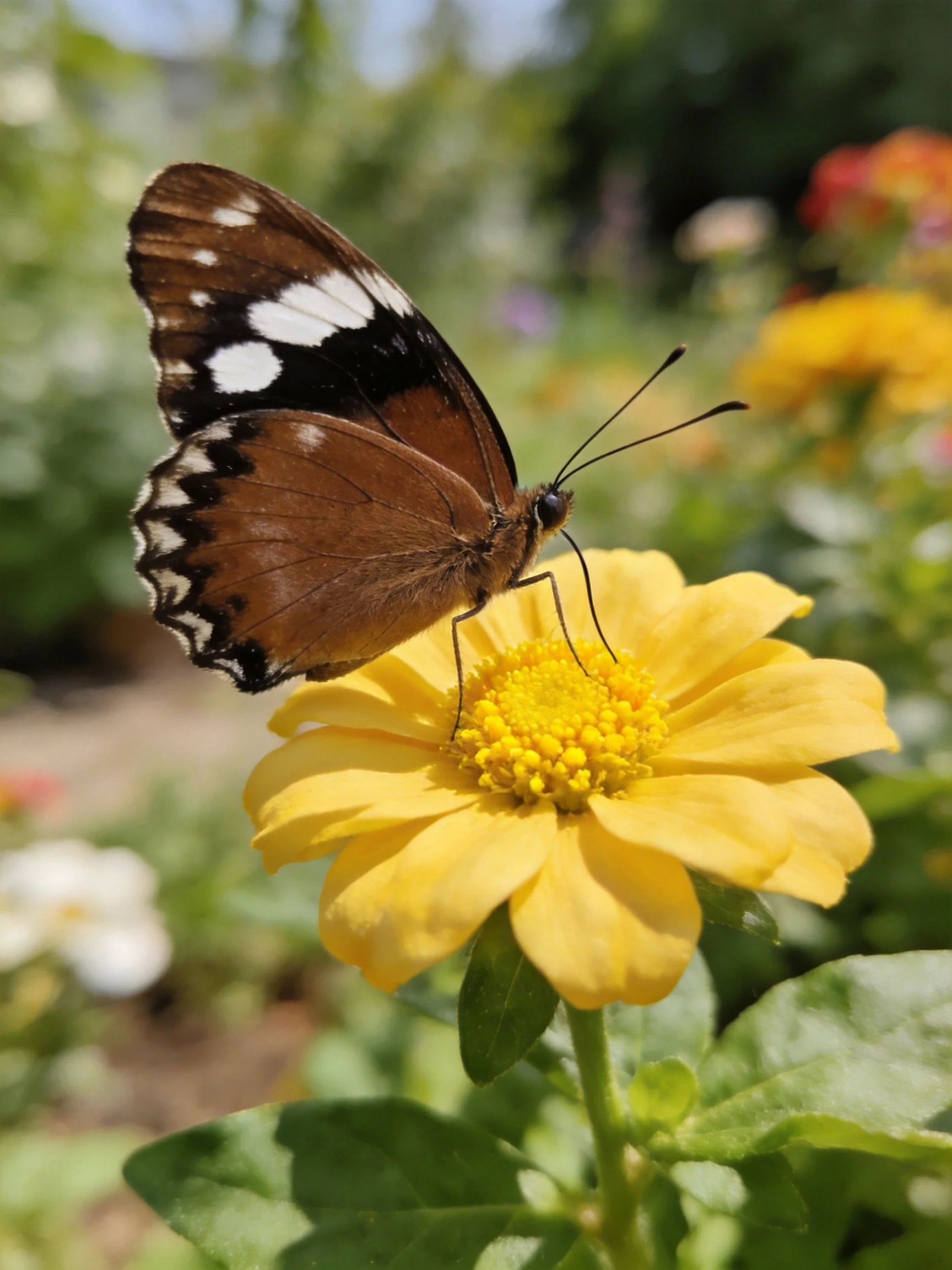 A butterfly with brown and black patterned wings on a bright yellow flower