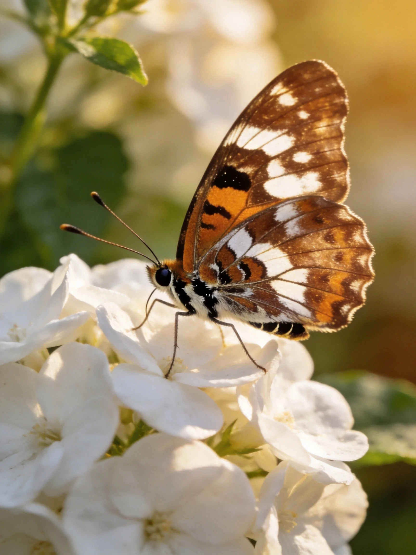 A butterfly with brown, orange, and white wings rests on white blooms